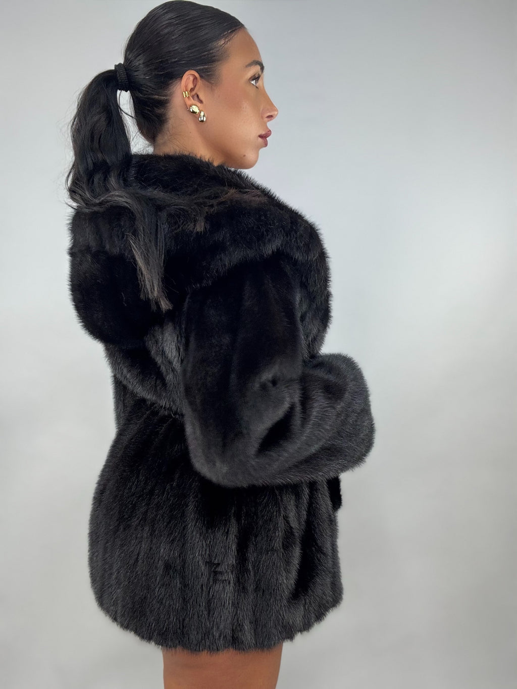 Giacca di visone cintura e cappuccio