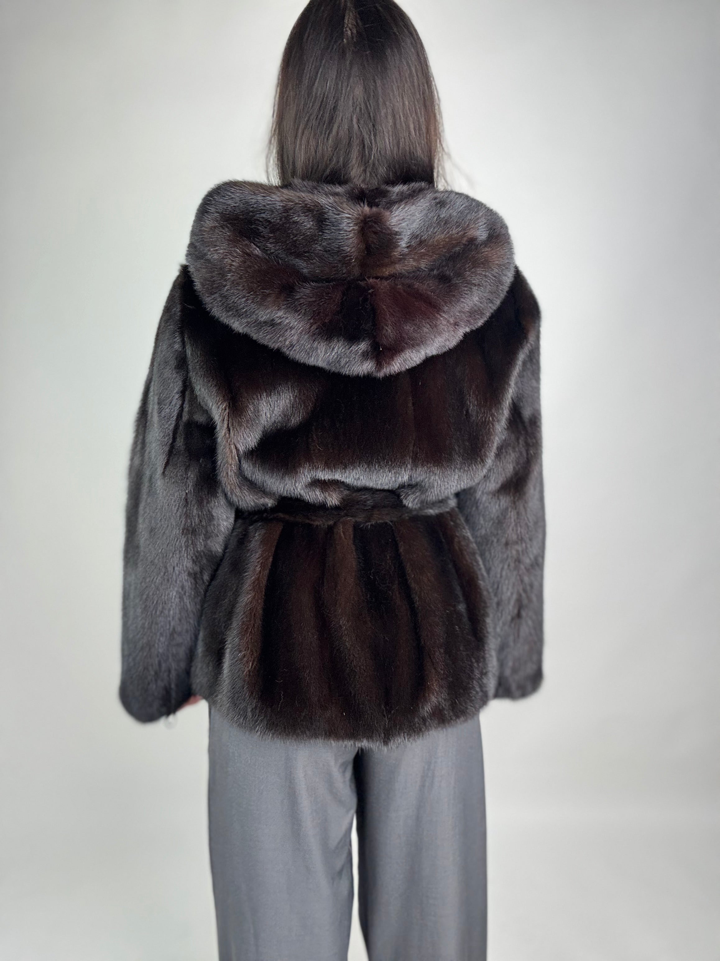 Mink jacket with belt and hood