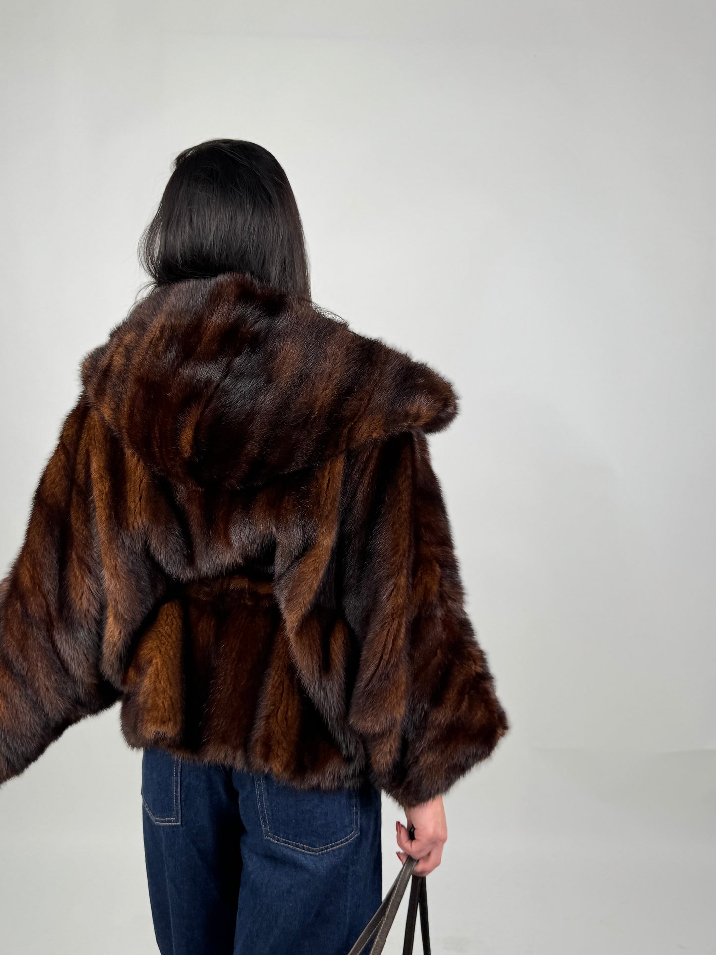 Mink jacket with belt and hood