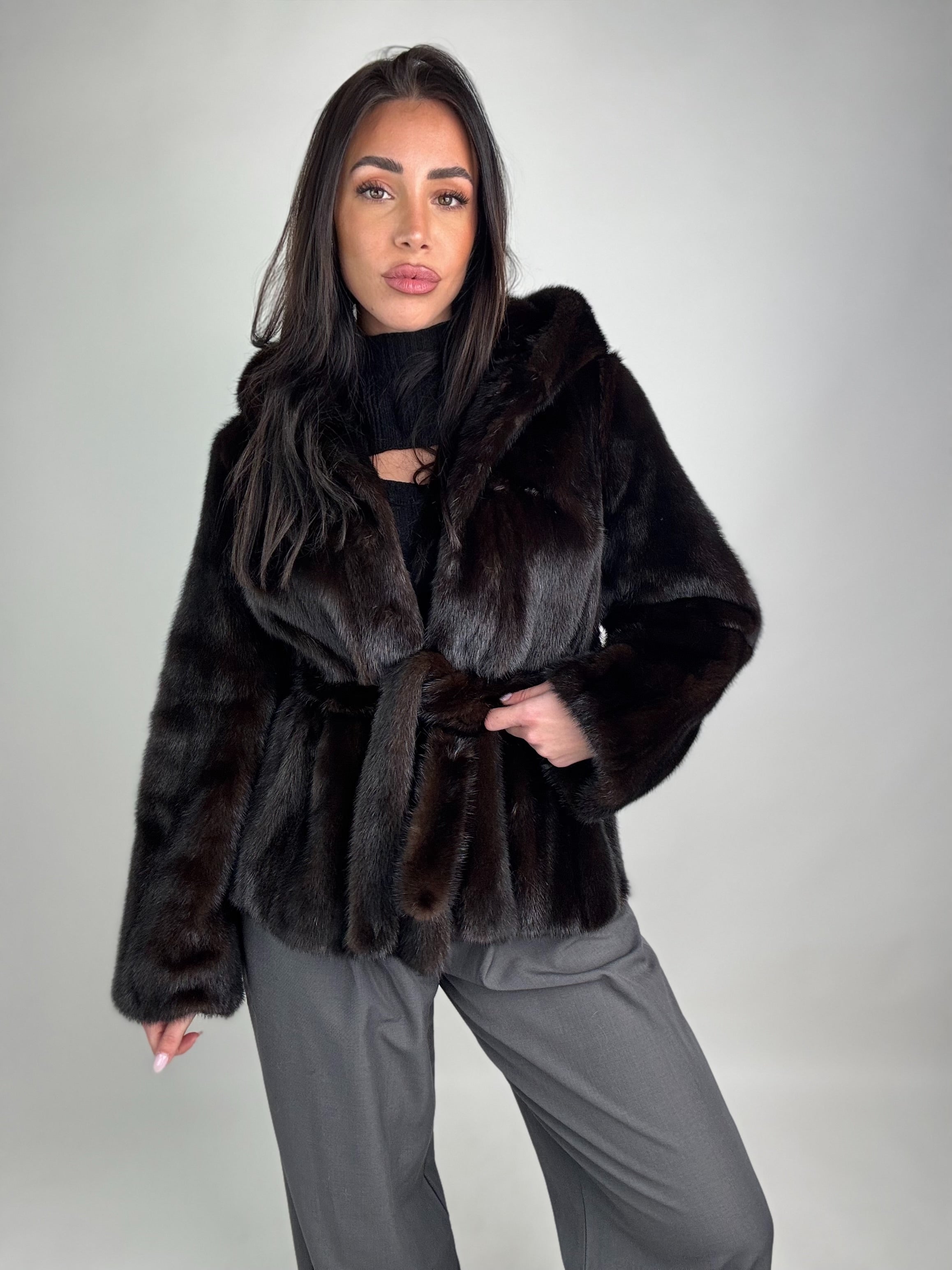 Mink jacket with belt and hood