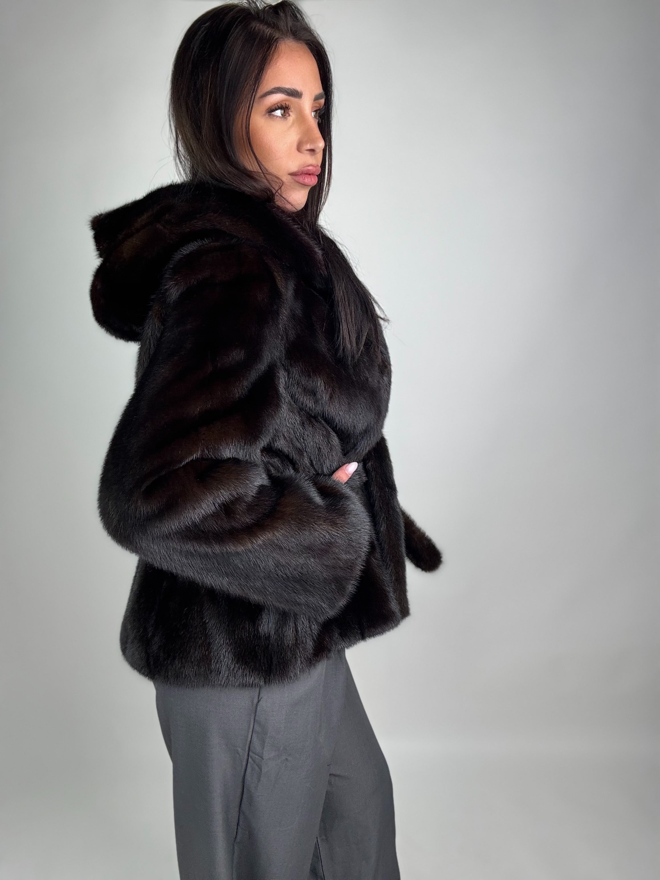 Mink jacket with belt and hood