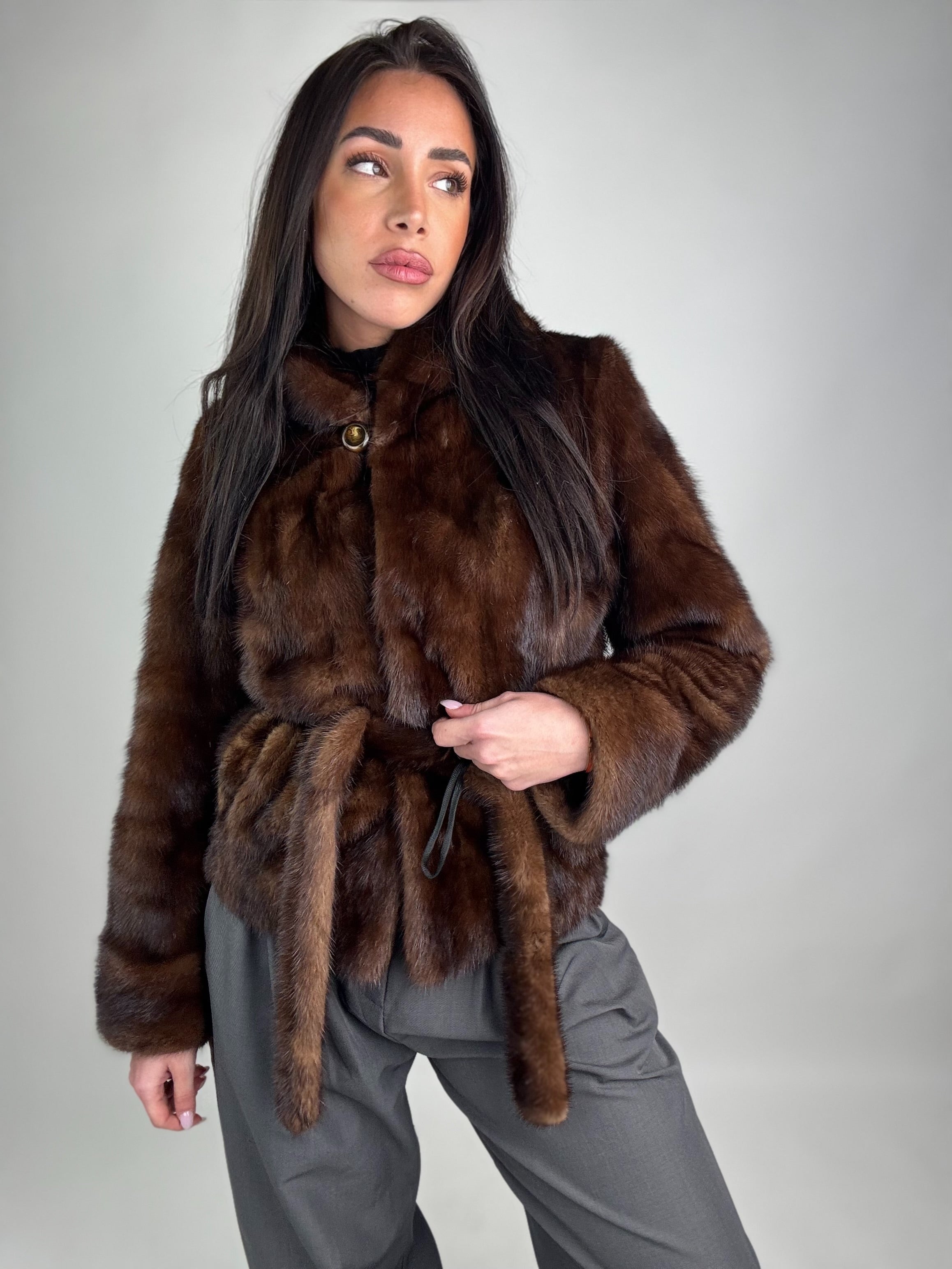 Mink jacket with belt and hood