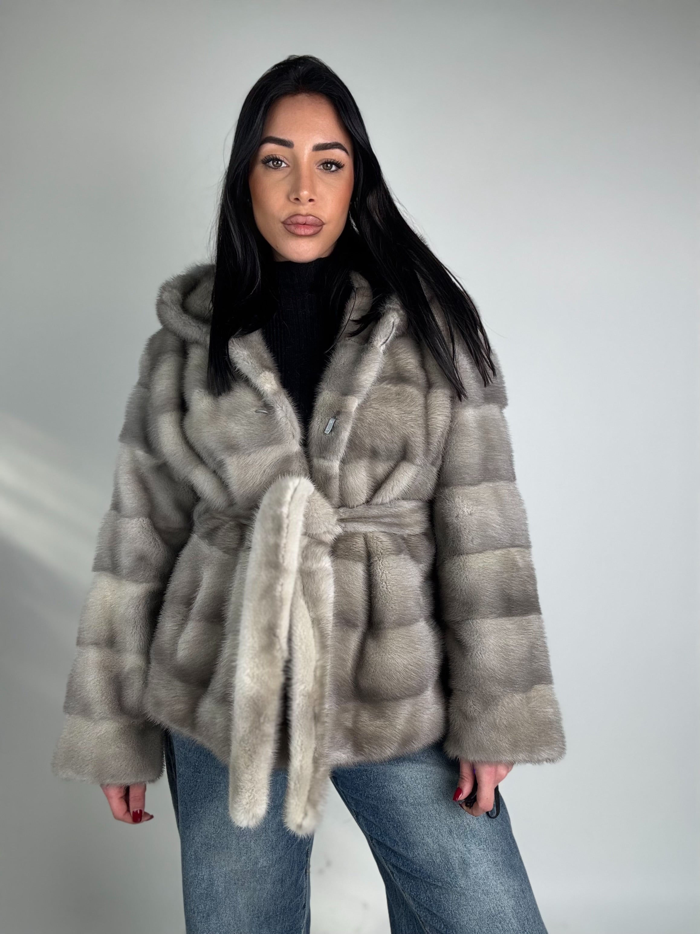 Giacca in visone cintura e cappuccio N385