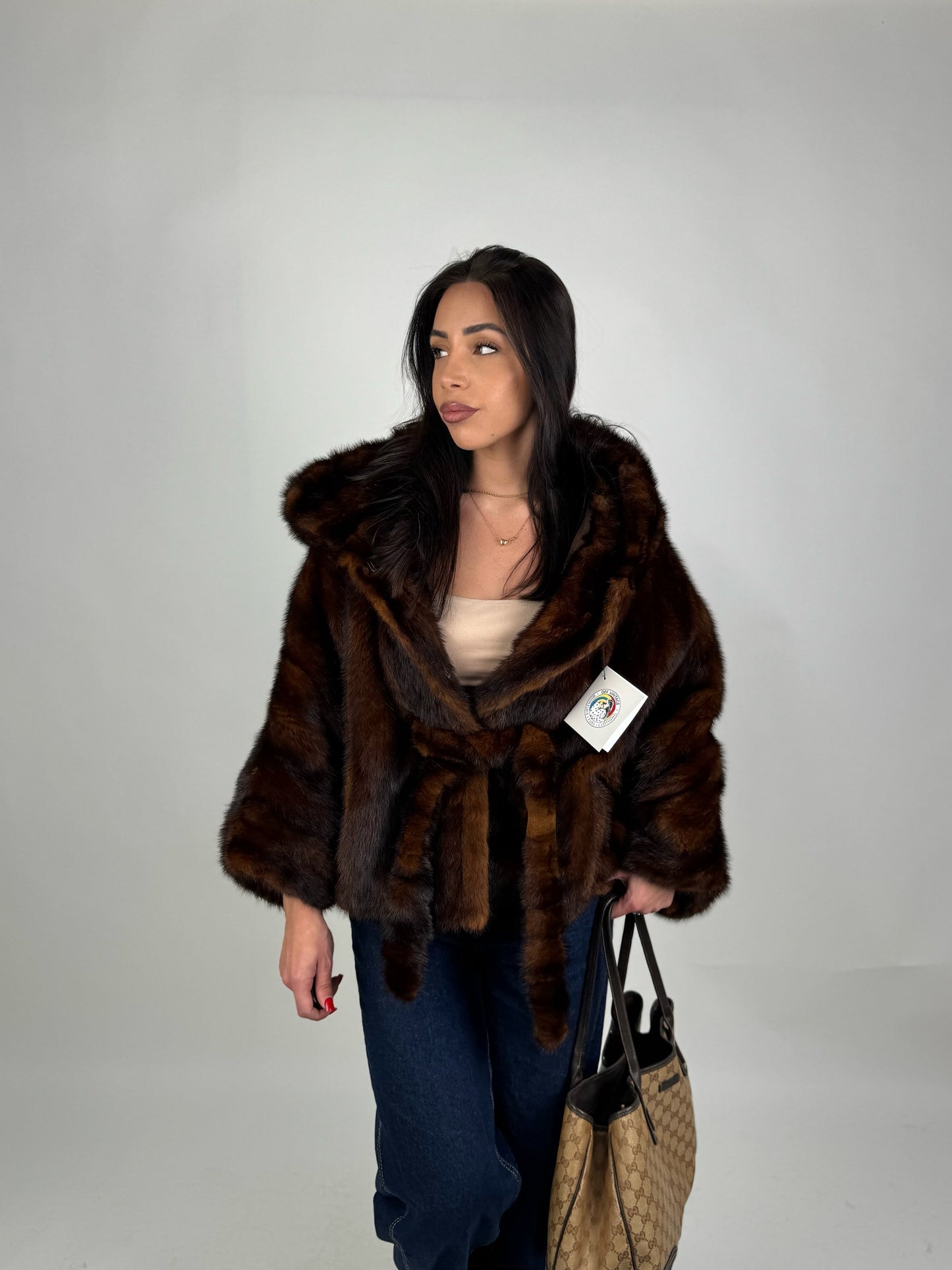 Mink jacket with belt and hood
