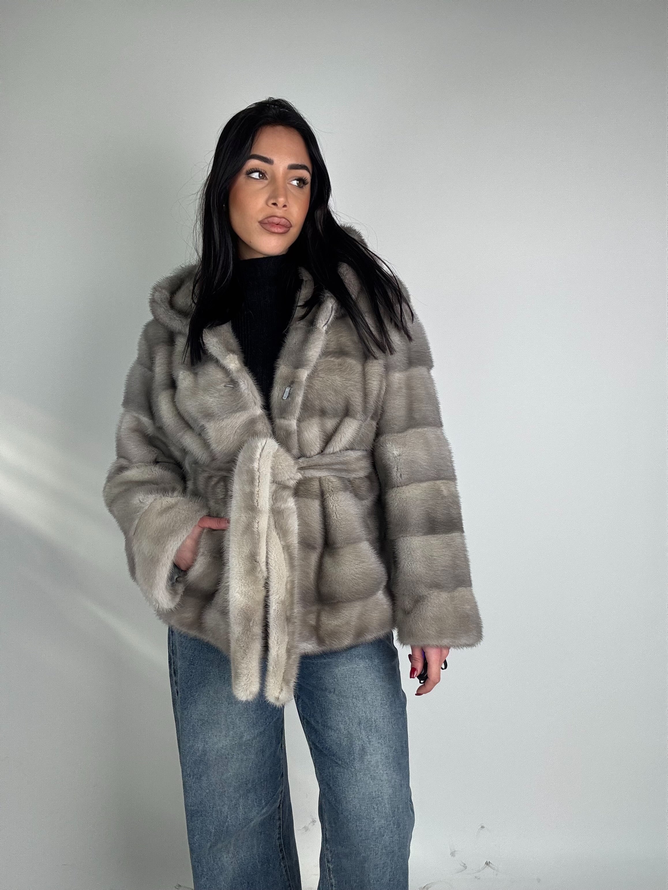 Giacca in visone cintura e cappuccio N385