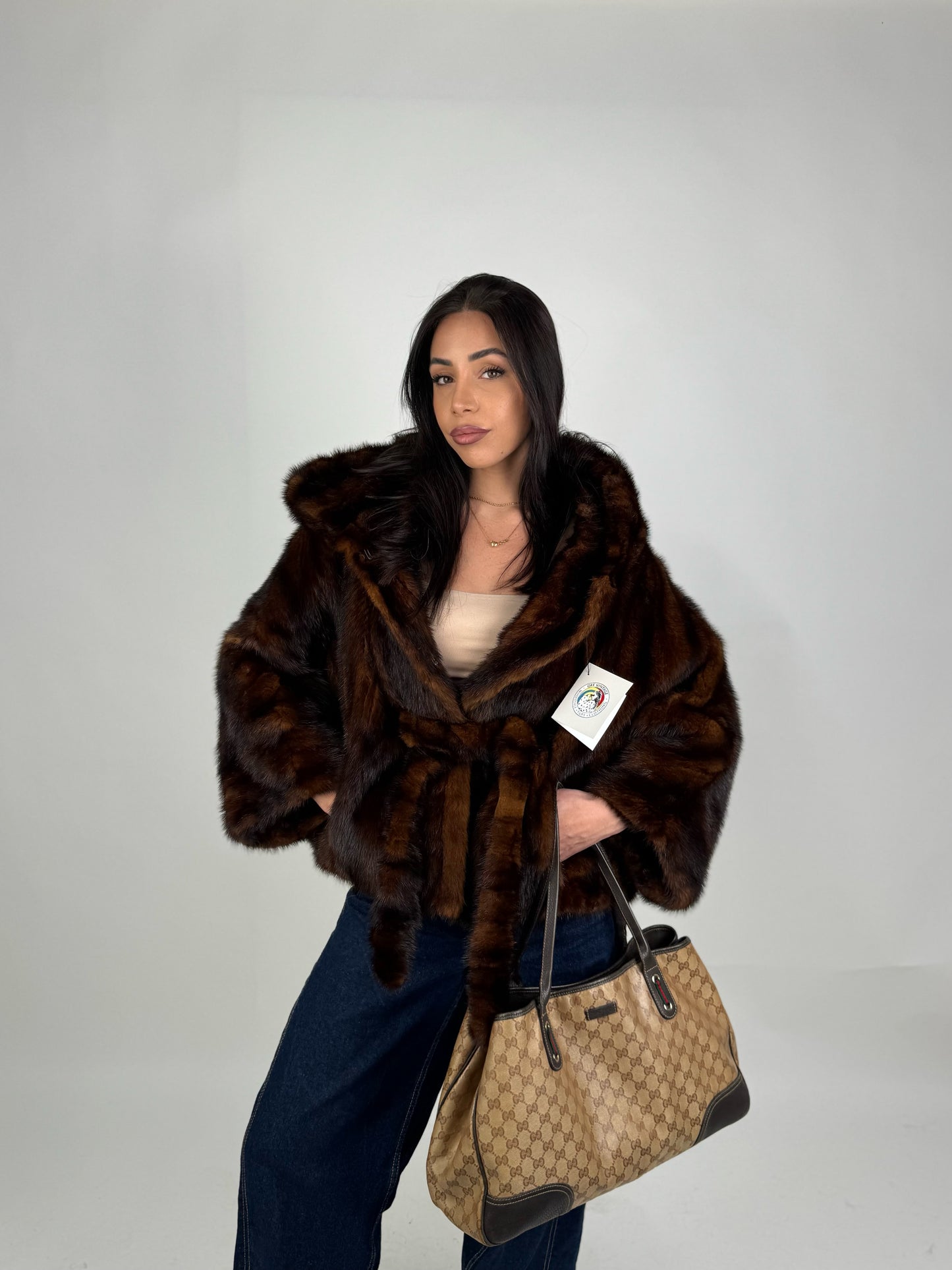 Mink jacket with belt and hood