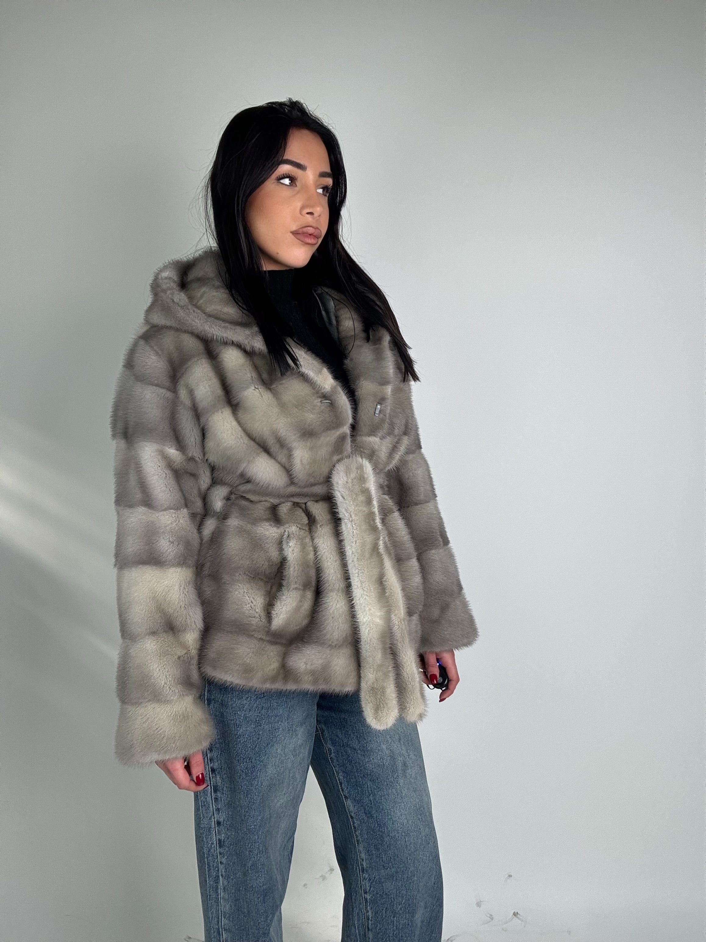 Giacca in visone cintura e cappuccio N385