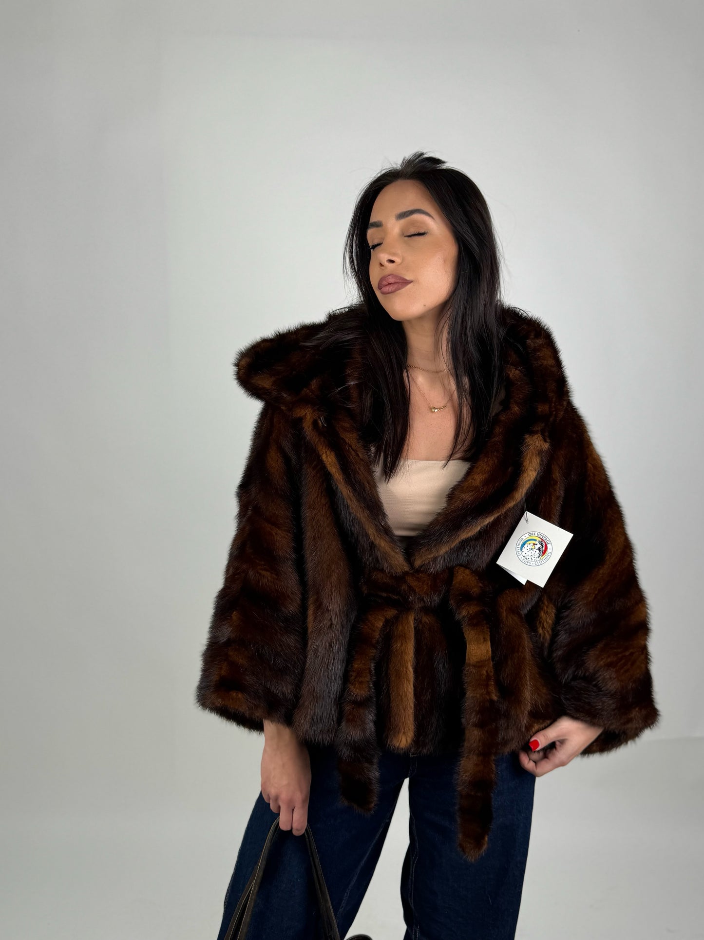 Mink jacket with belt and hood