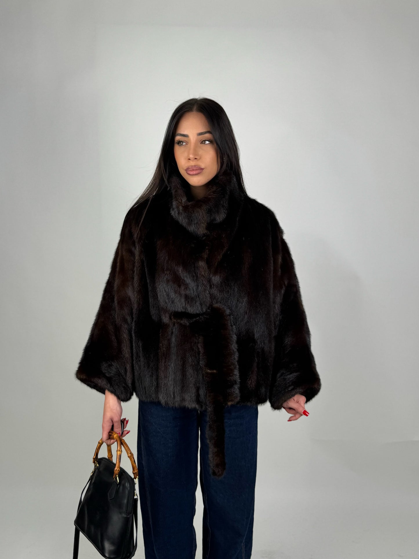 Mink jacket with belt and hood