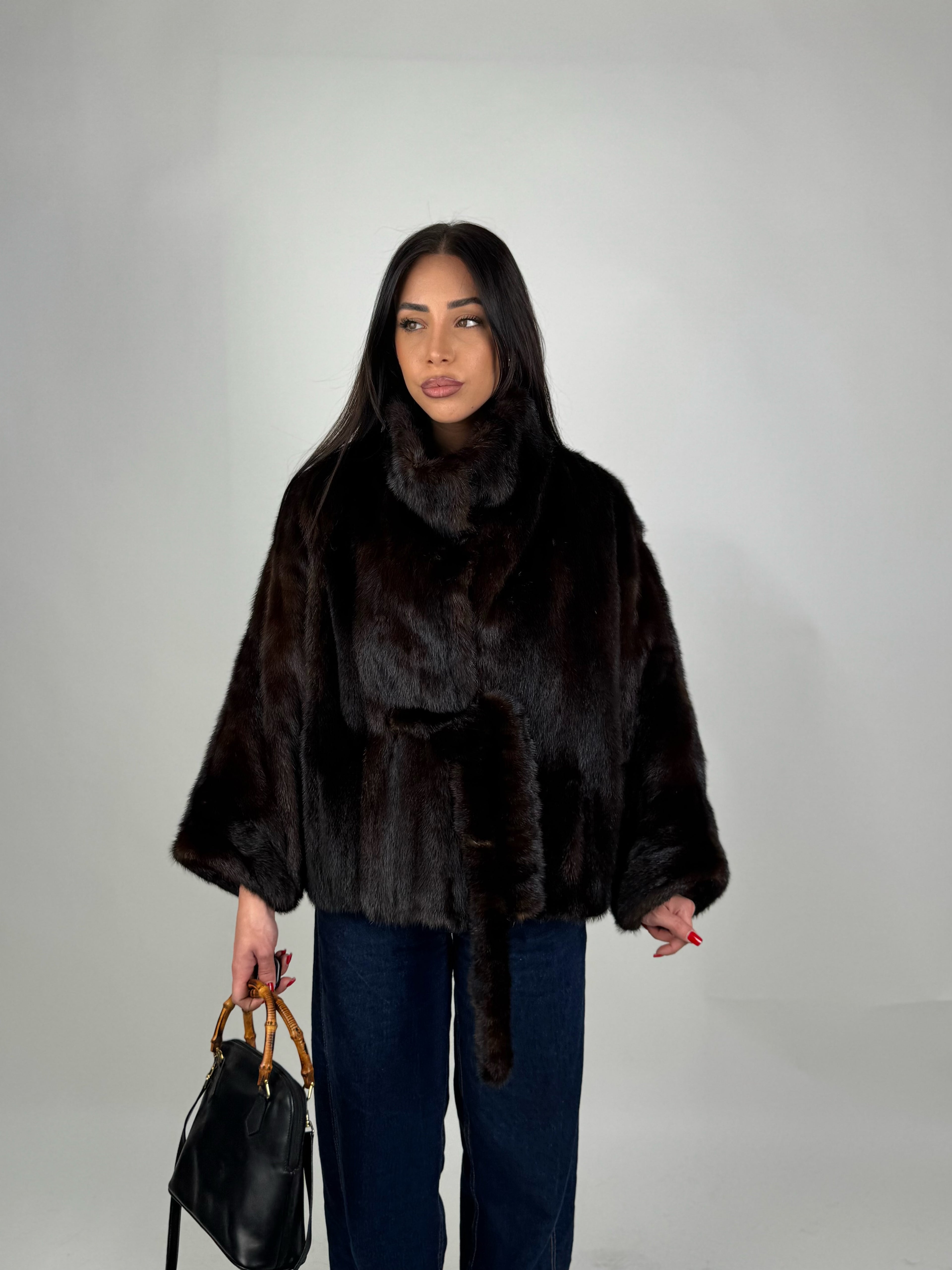 Mink jacket with belt and hood