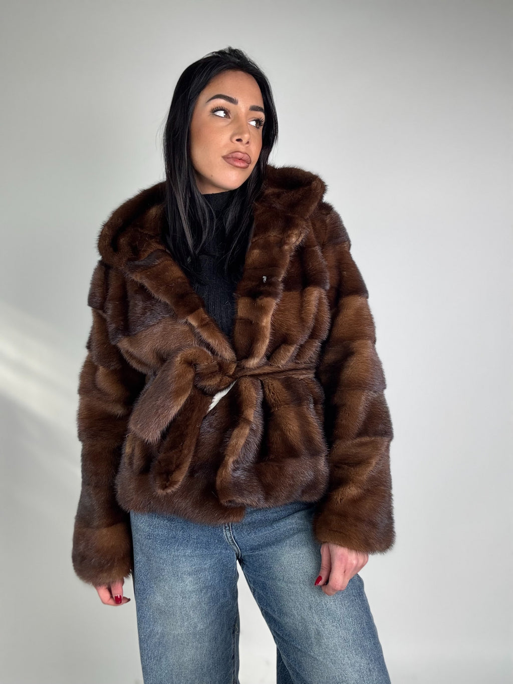 Giacca in visone cintura e cappuccio N370