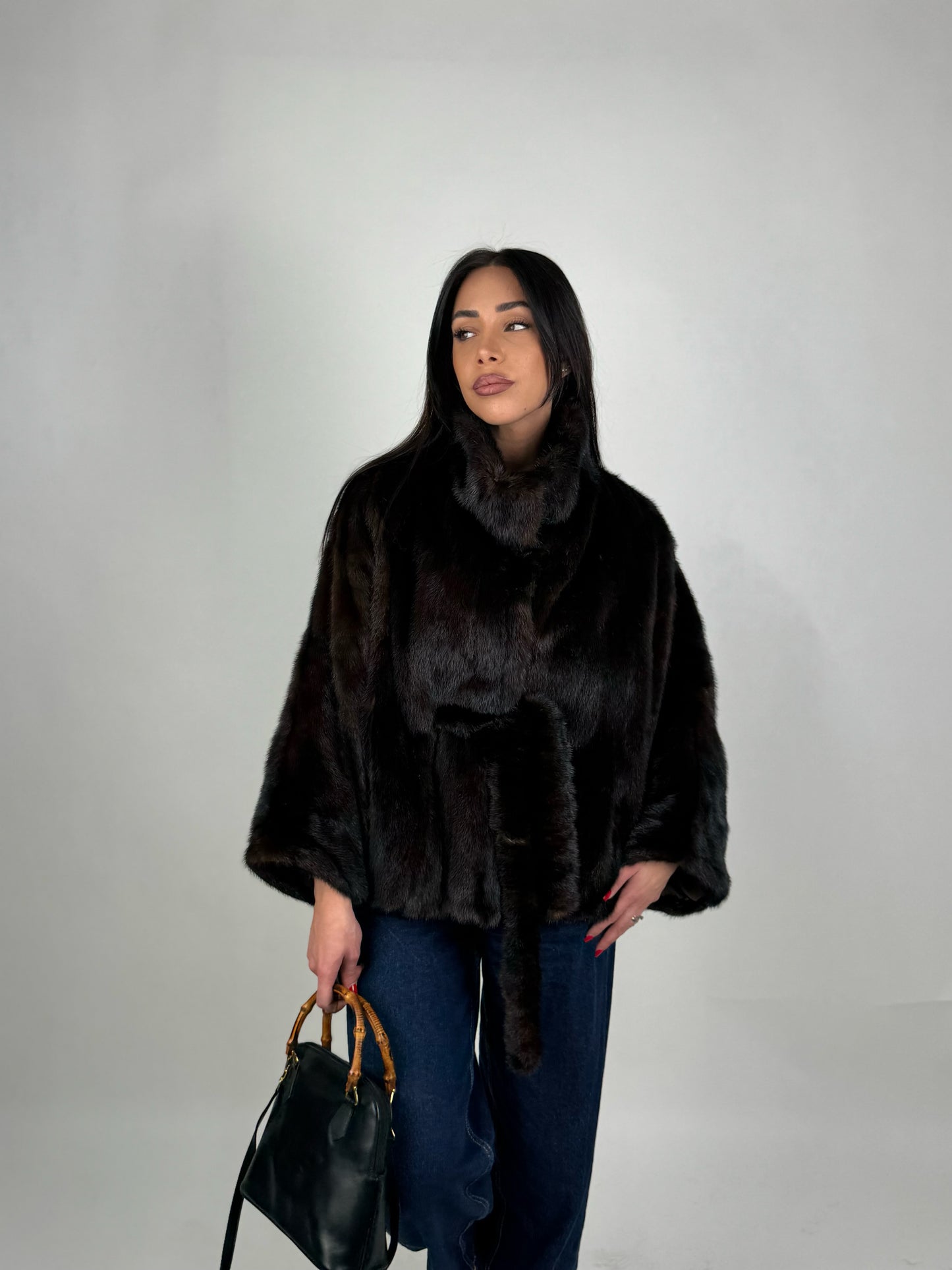 Mink jacket with belt and hood