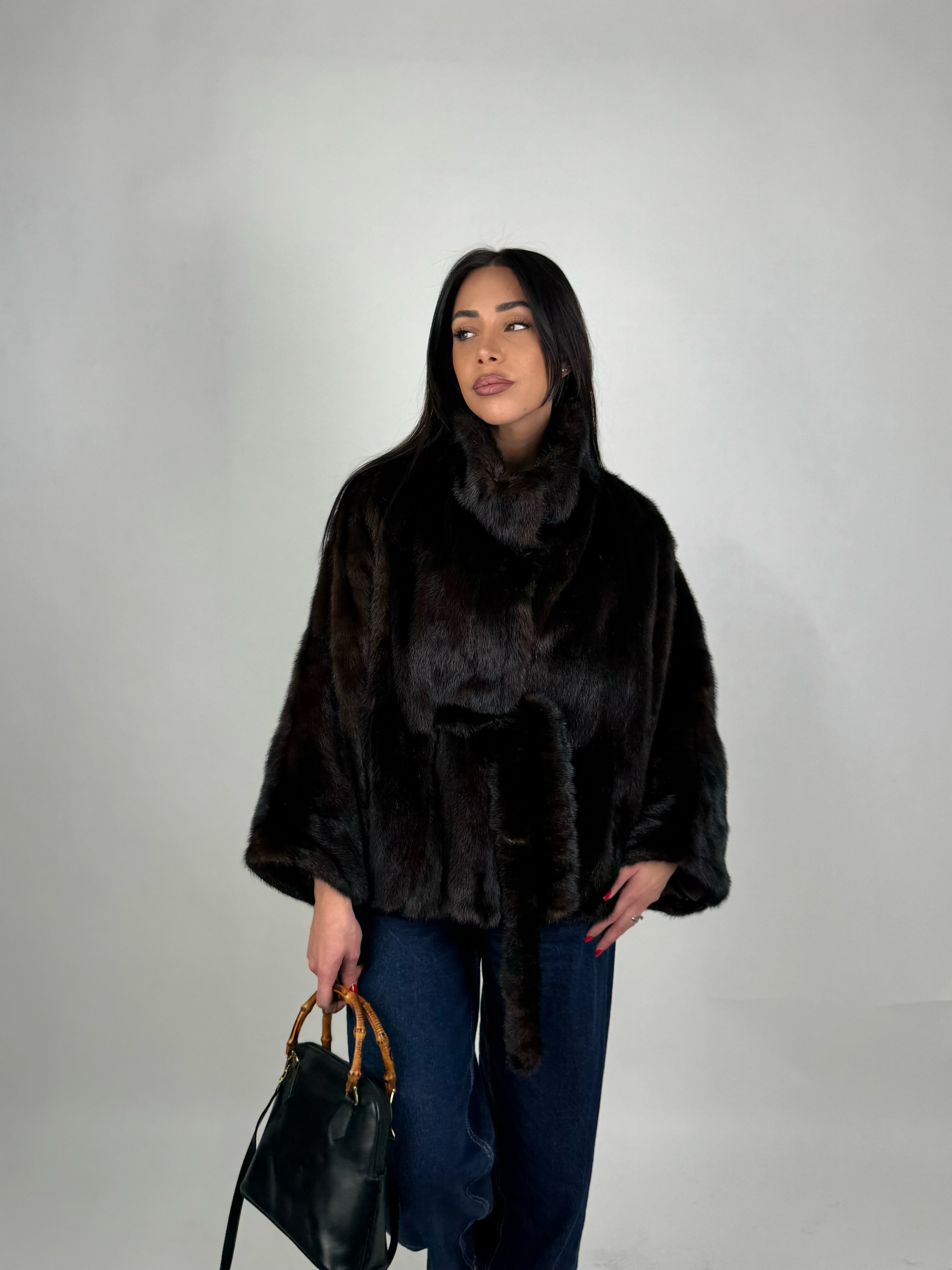 Mink jacket with belt and hood
