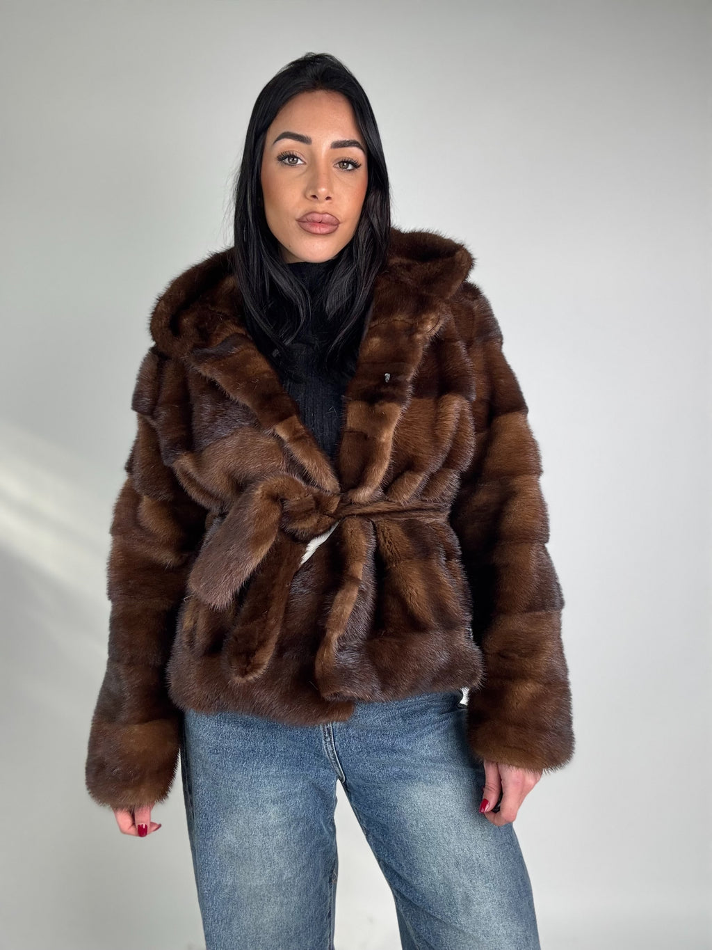 Giacca in visone cintura e cappuccio N370