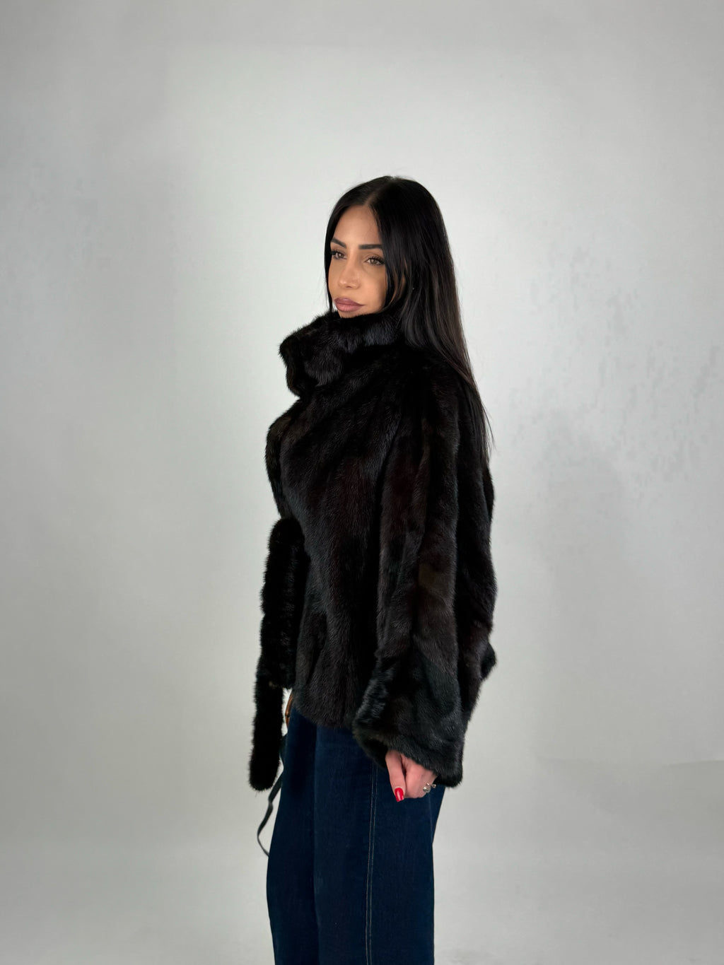 Mink jacket with belt and hood