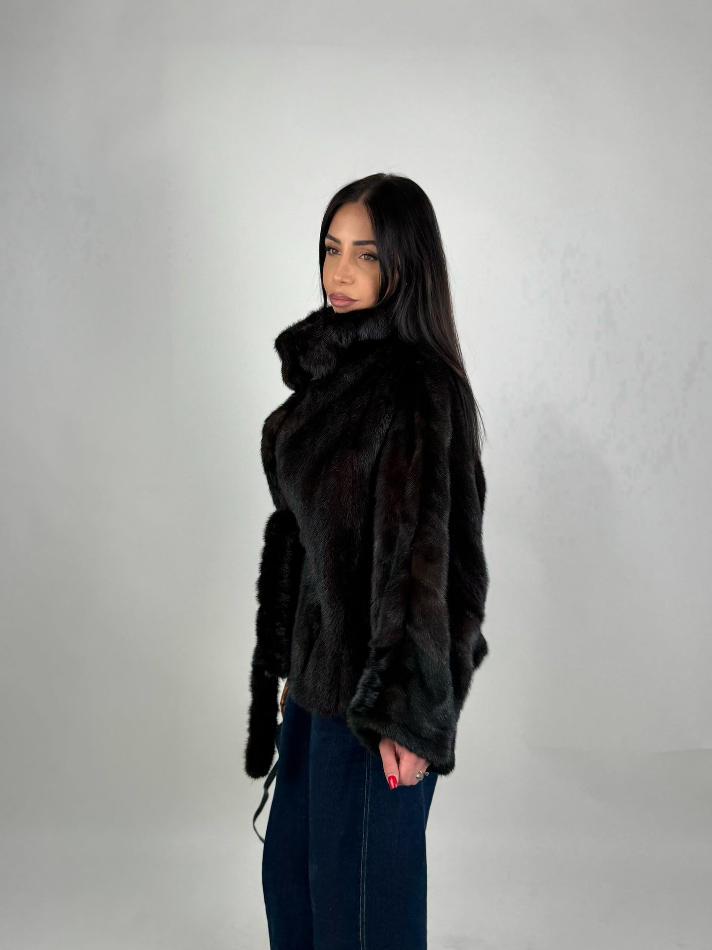Mink jacket with belt and hood