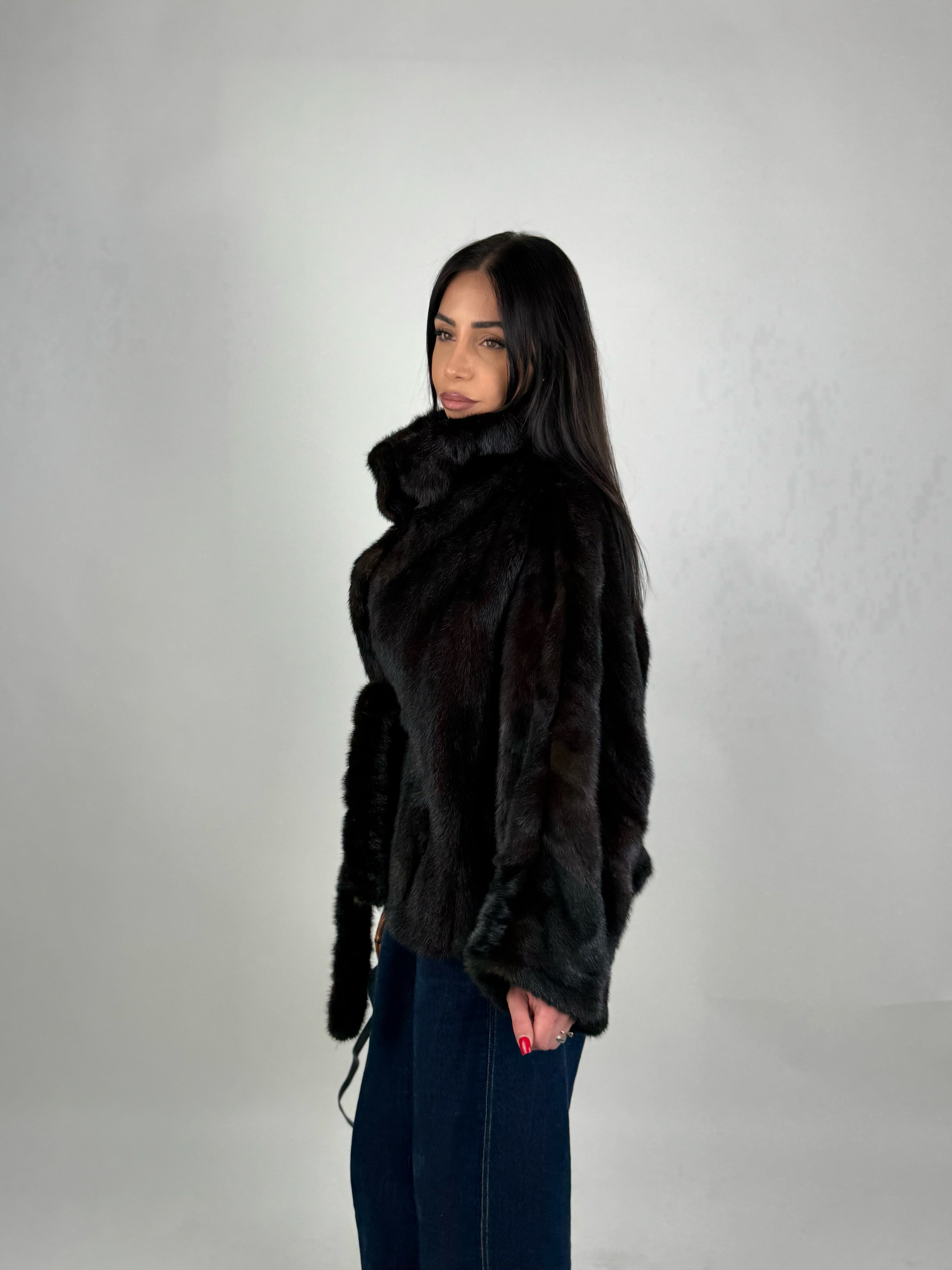 Mink jacket with belt and hood