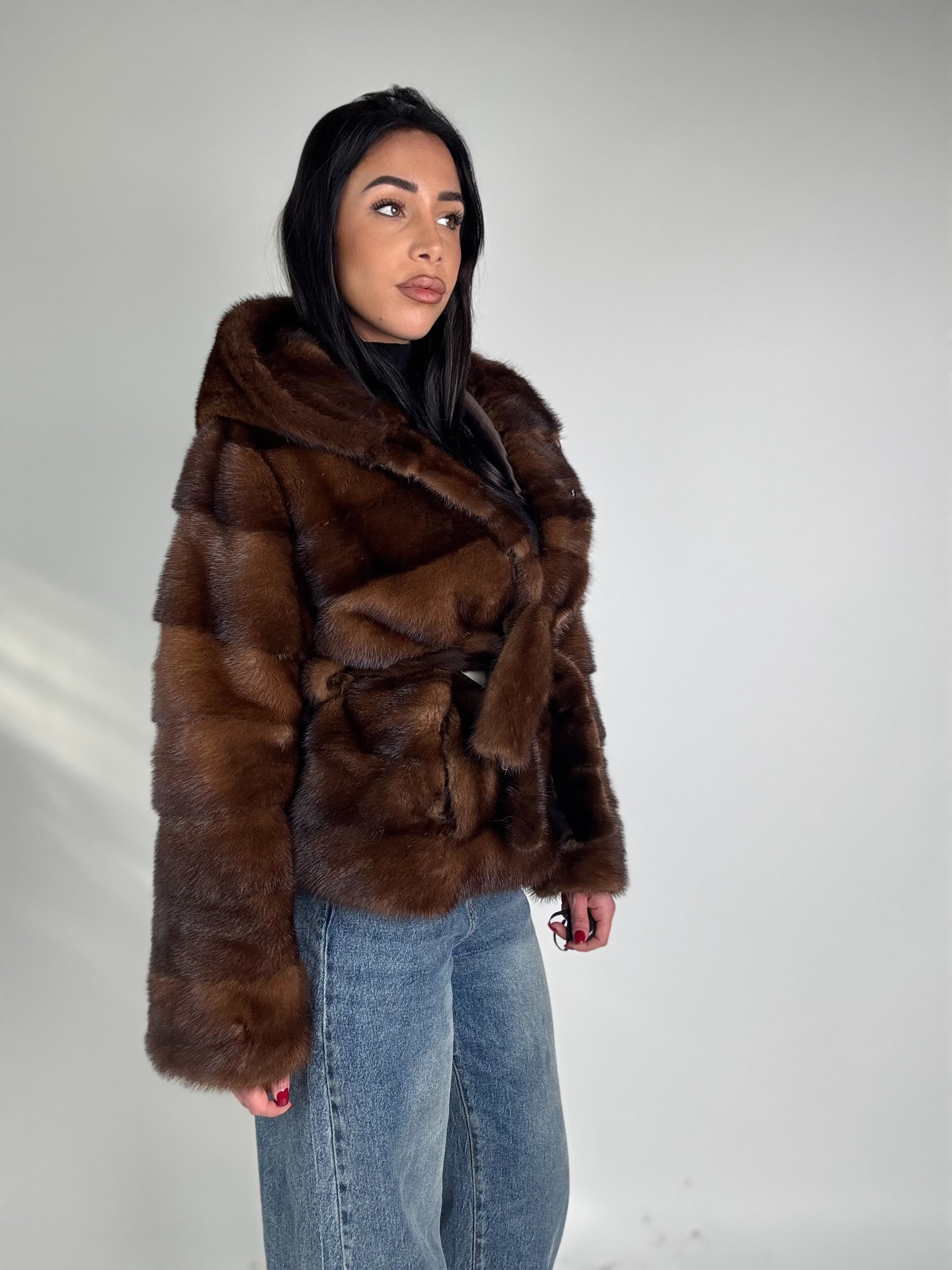 Giacca in visone cintura e cappuccio N370