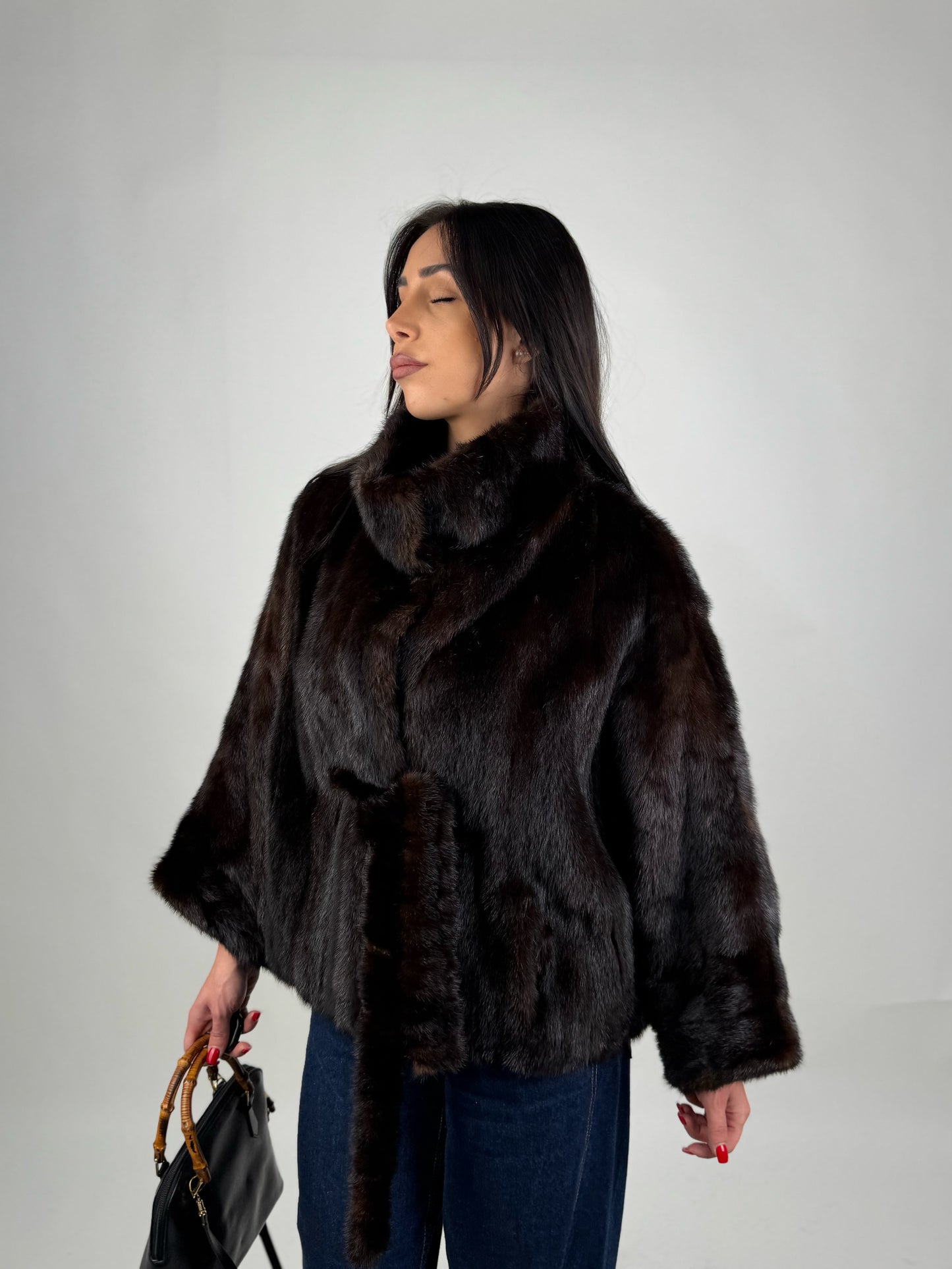 Mink jacket with belt and hood