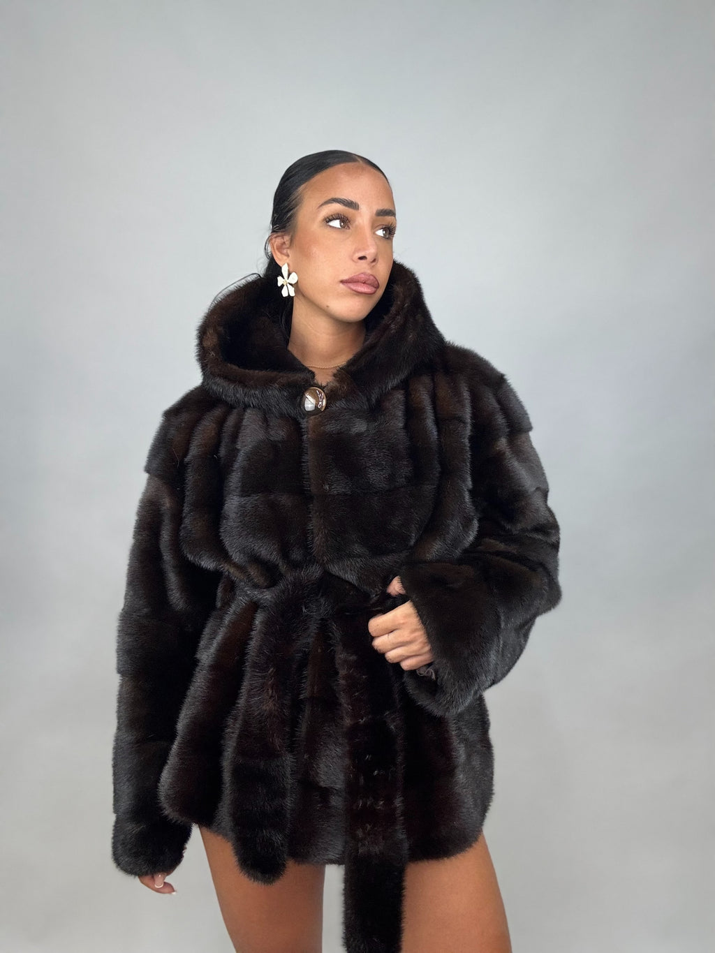 Giacca di visone cintura e cappuccio