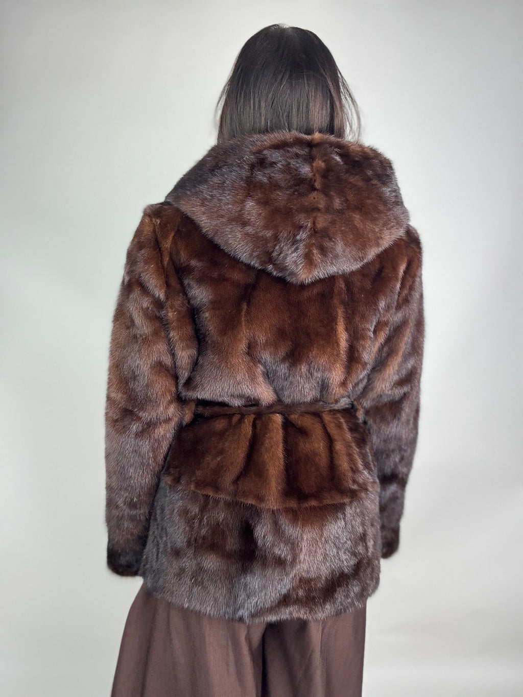 Mink jacket with belt and hood