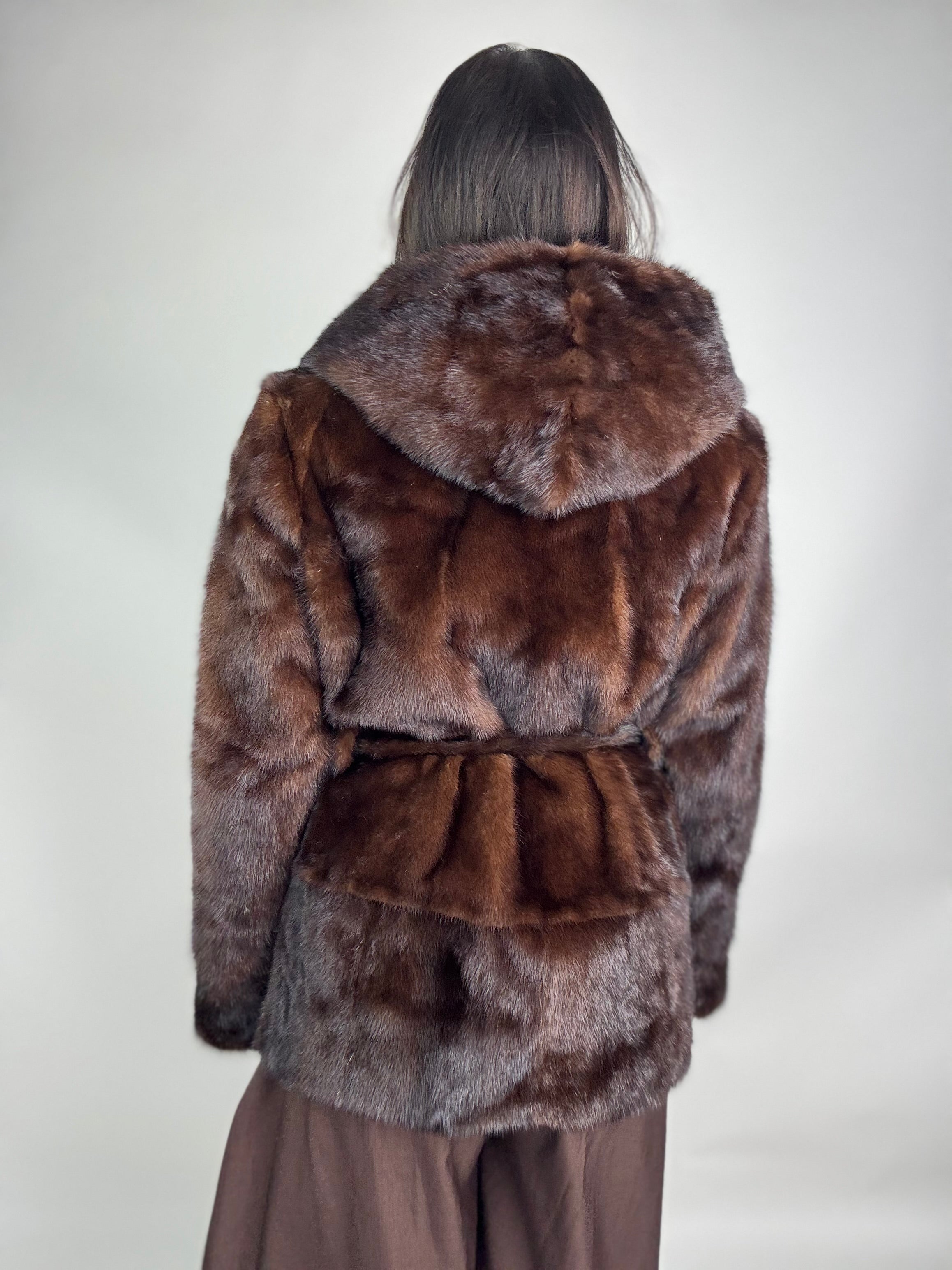Mink jacket with belt and hood