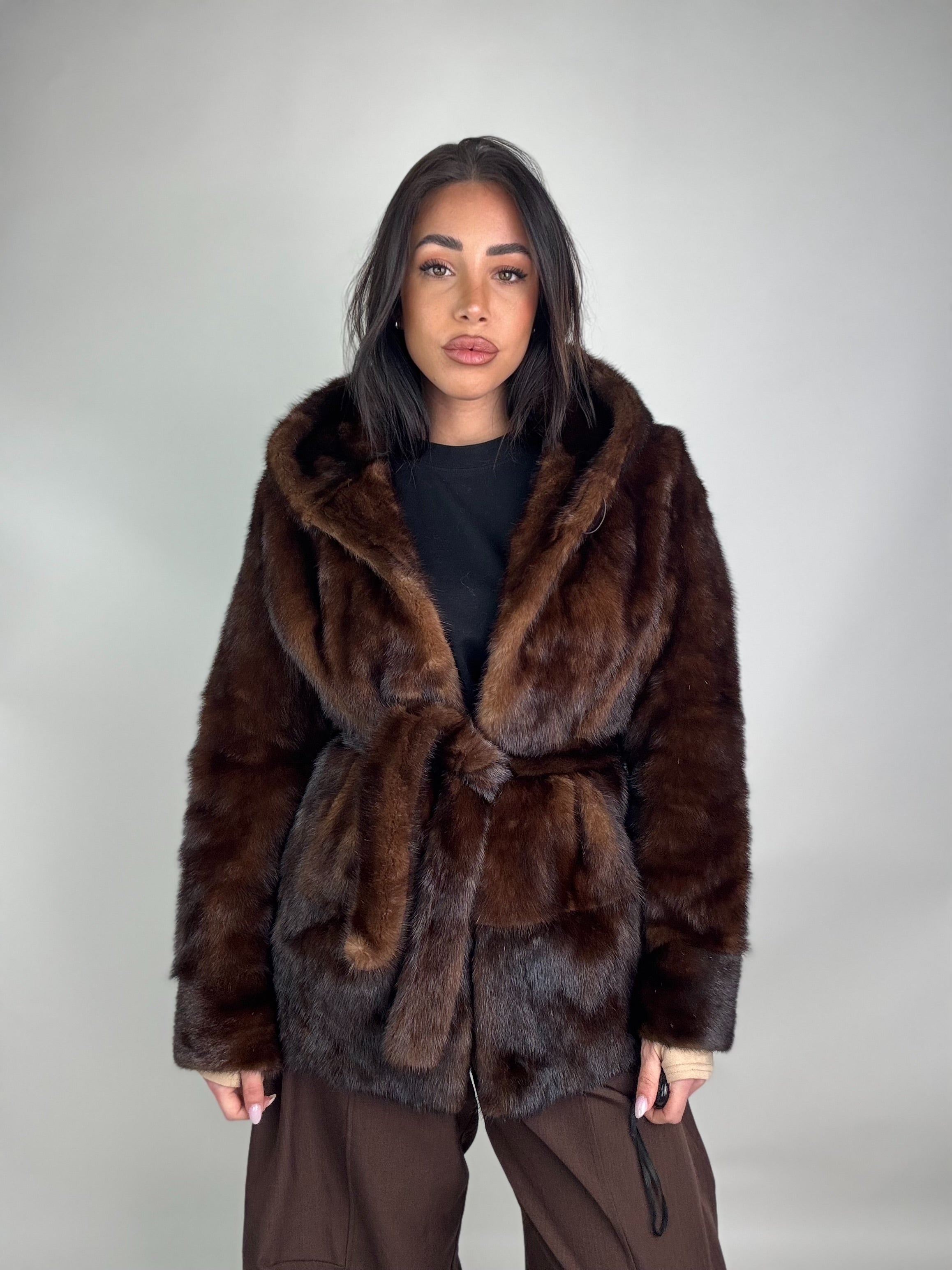 Mink jacket with belt and hood