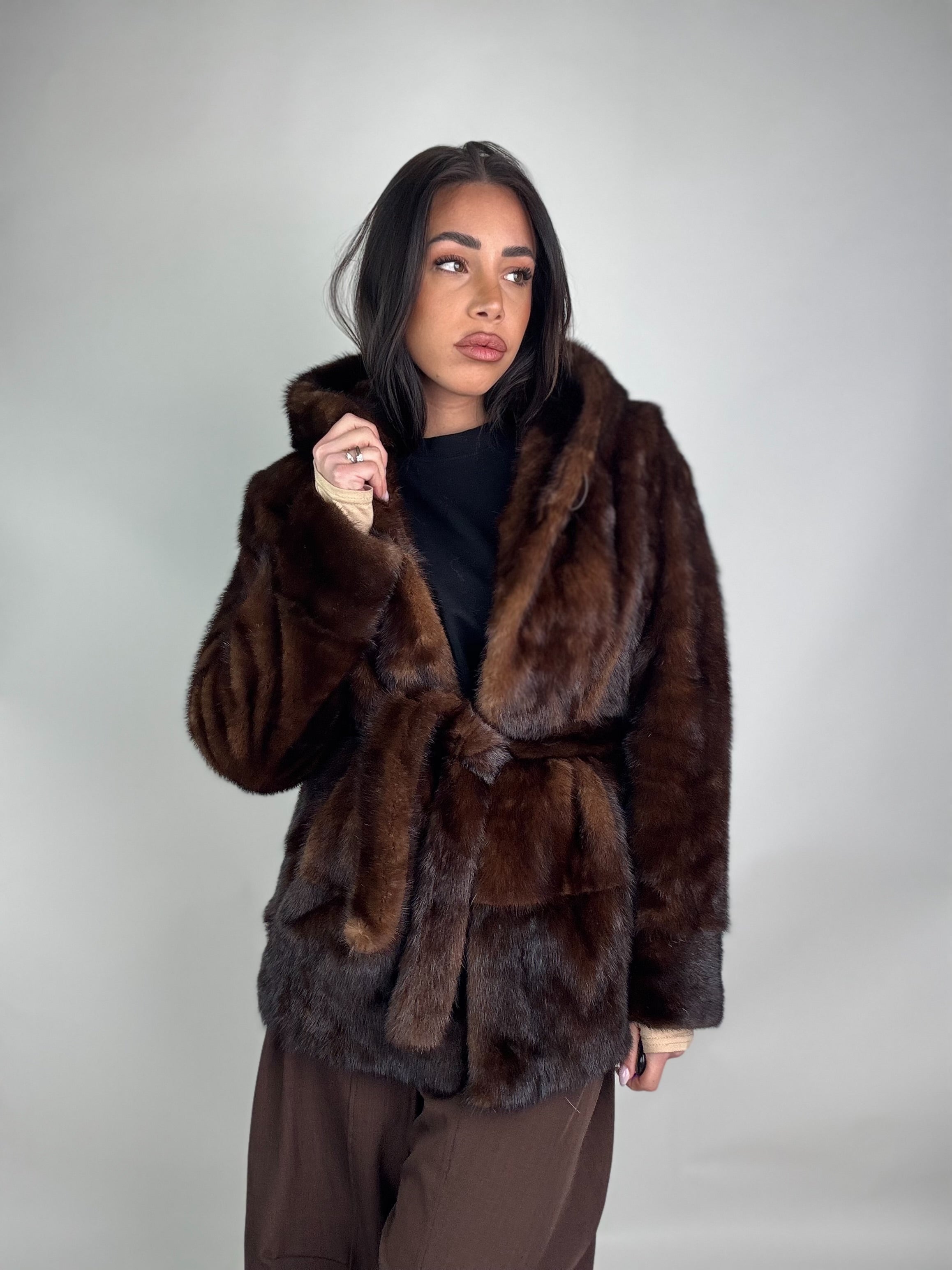 Mink jacket with belt and hood