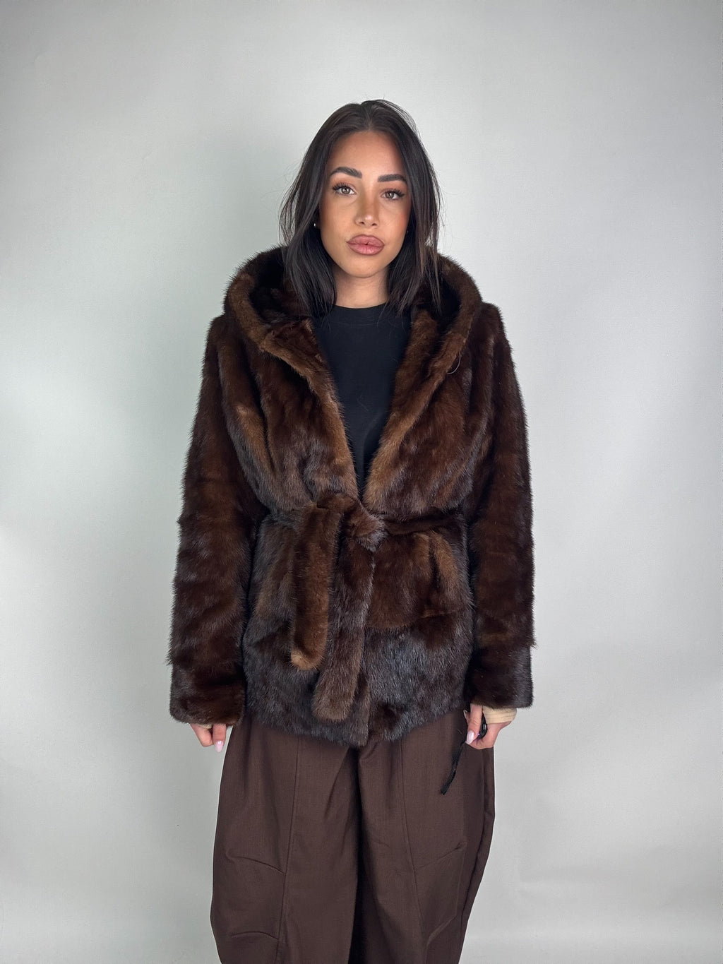 Mink jacket with belt and hood