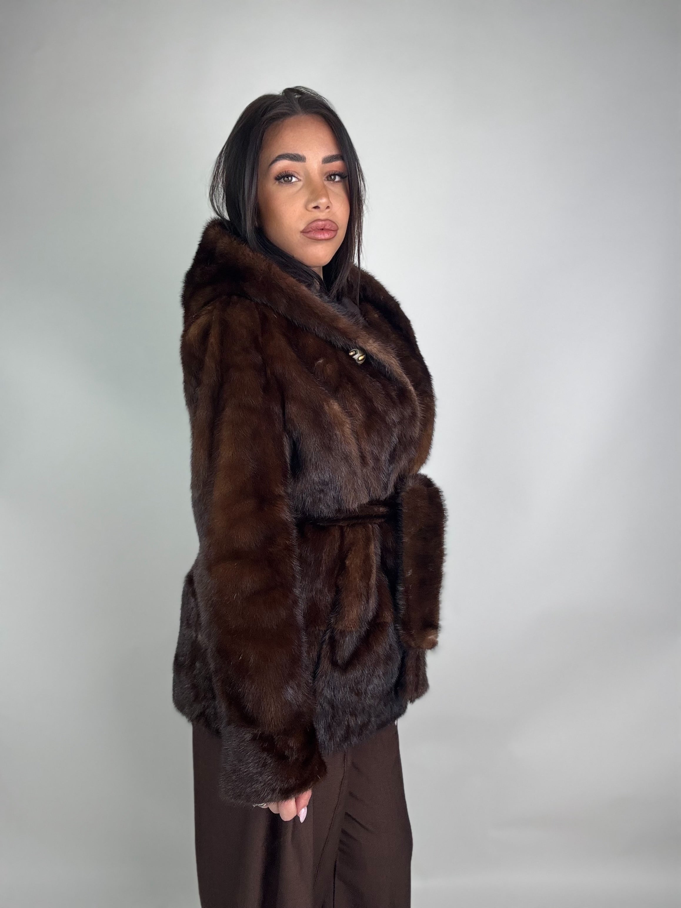 Mink jacket with belt and hood