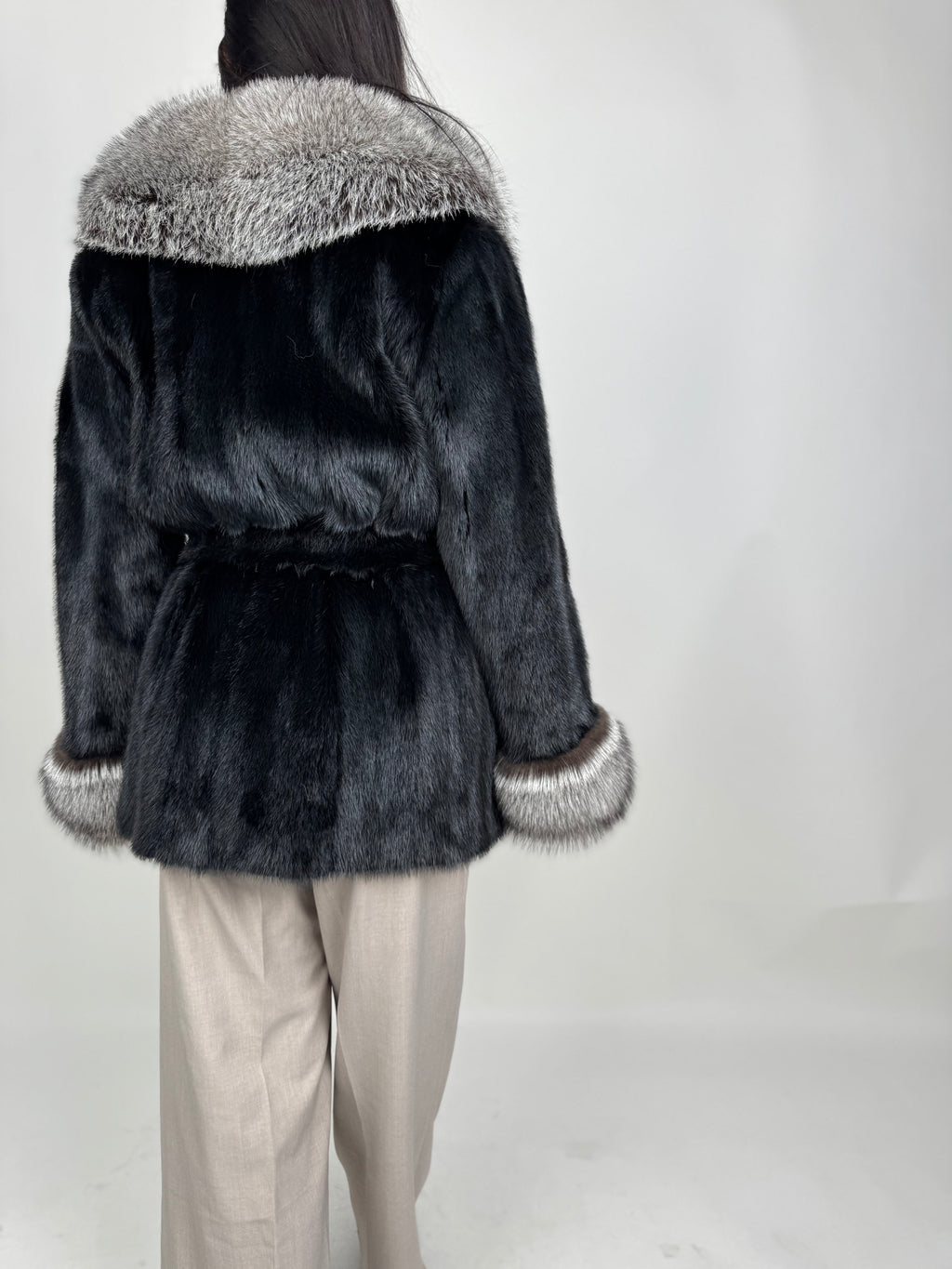 Mink jacket with belt and hood