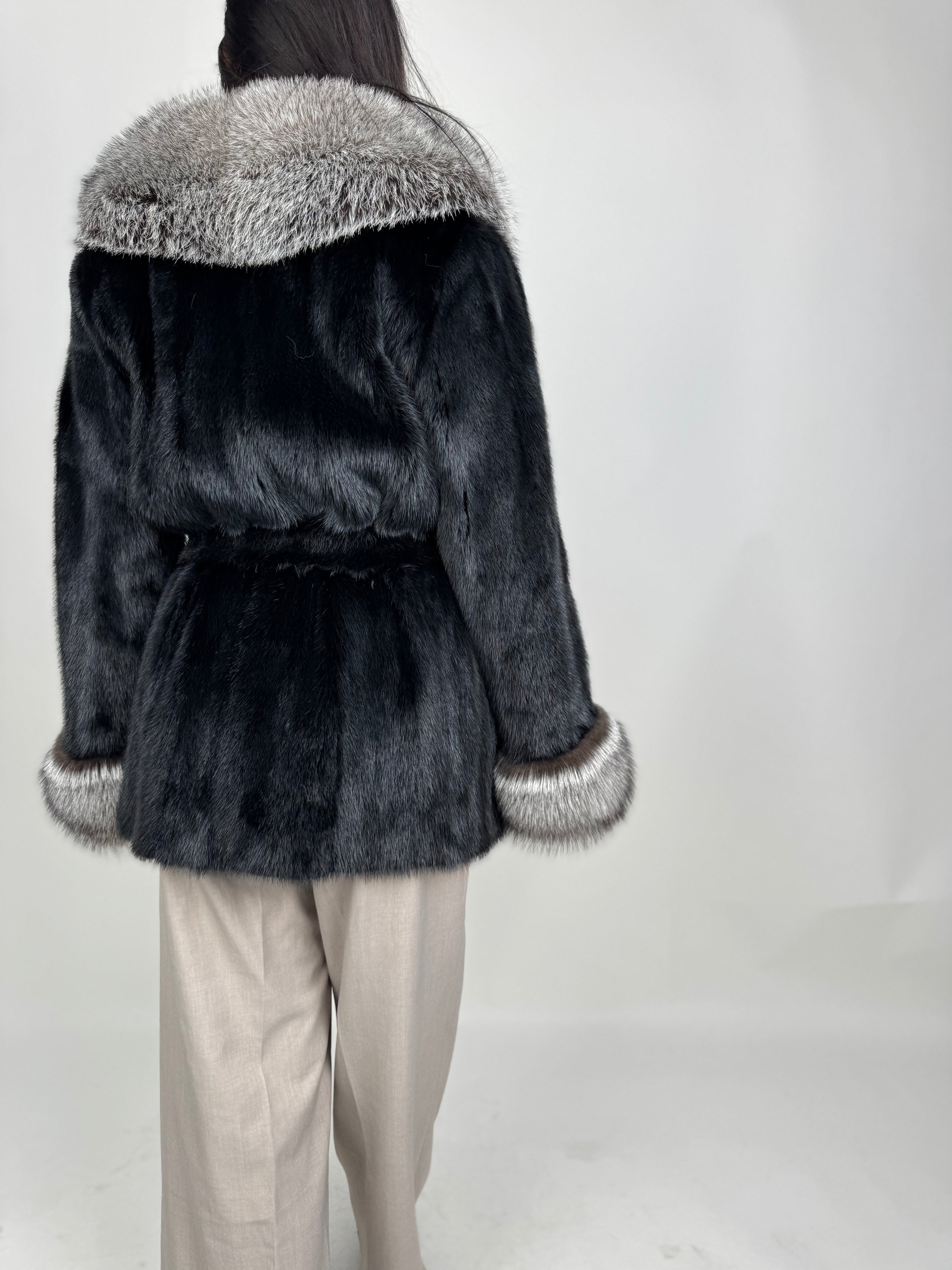 Mink jacket with belt and hood