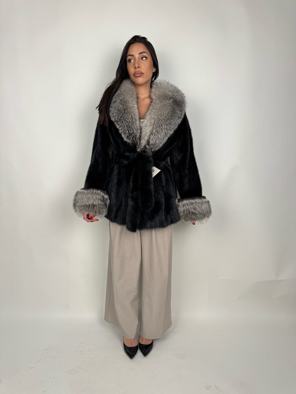 Mink jacket with belt and hood
