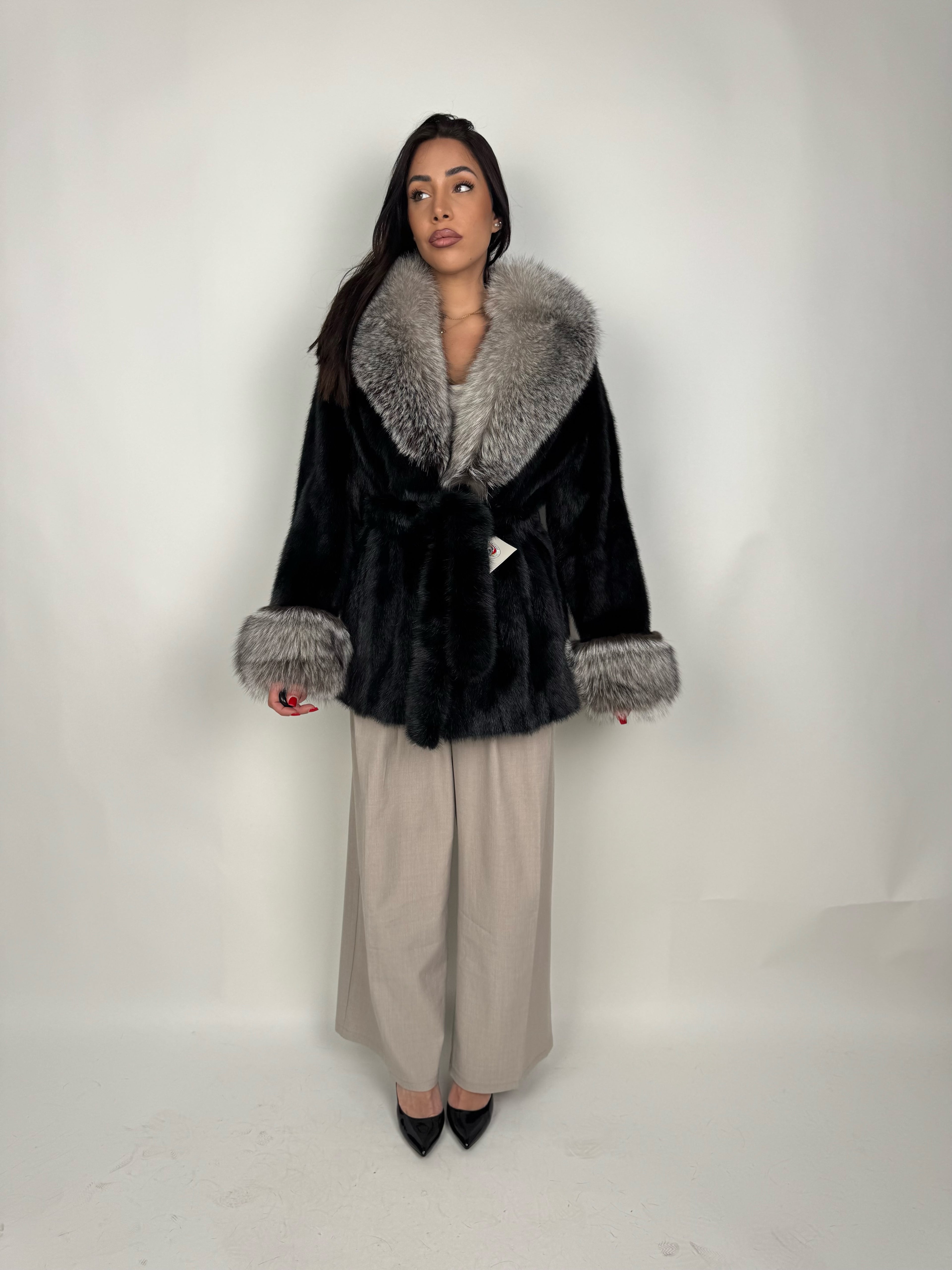Mink jacket with belt and hood