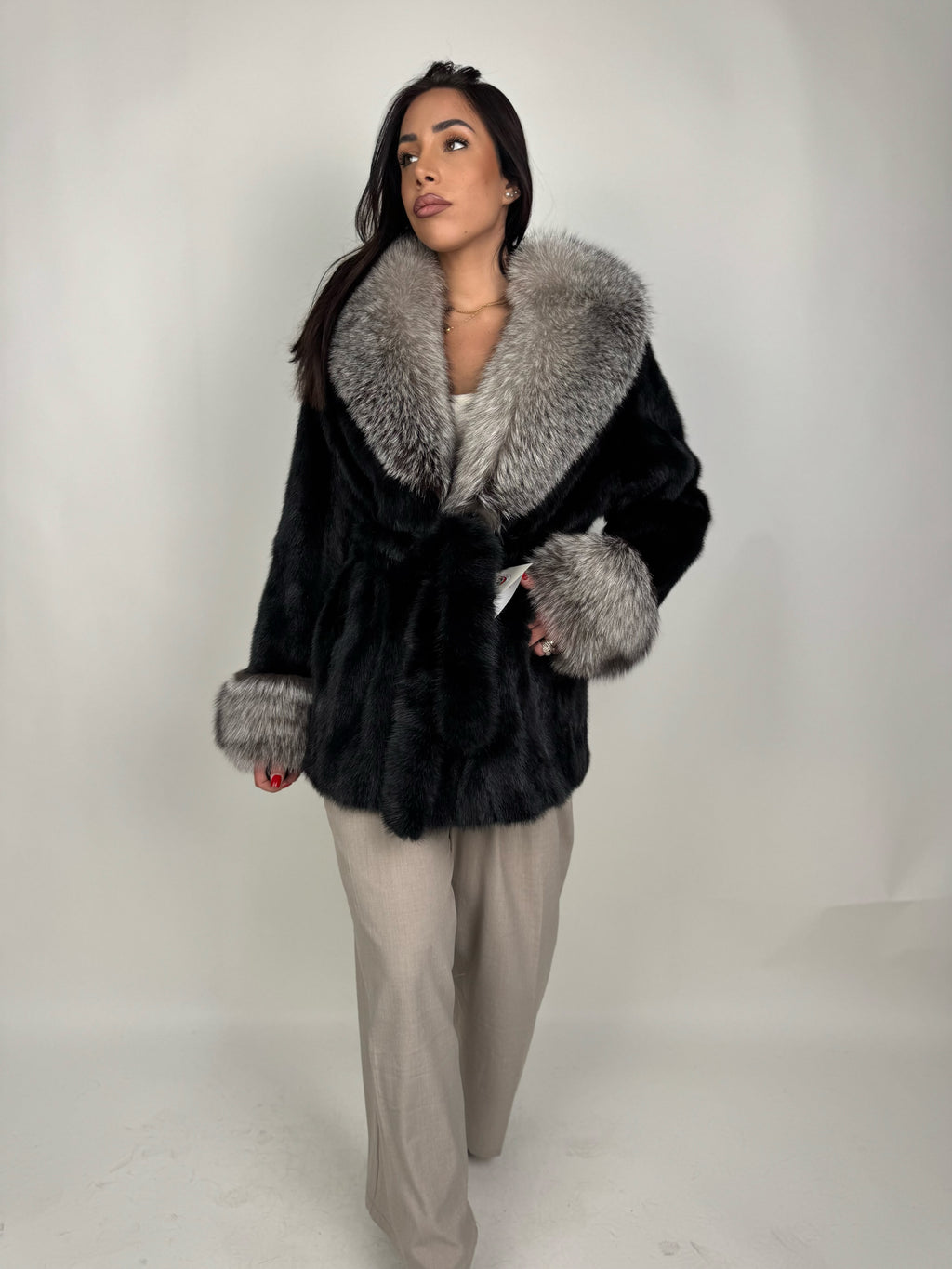 Mink jacket with belt and hood
