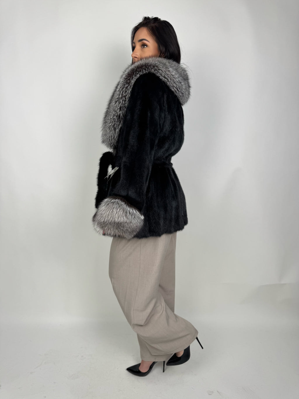 Mink jacket with belt and hood