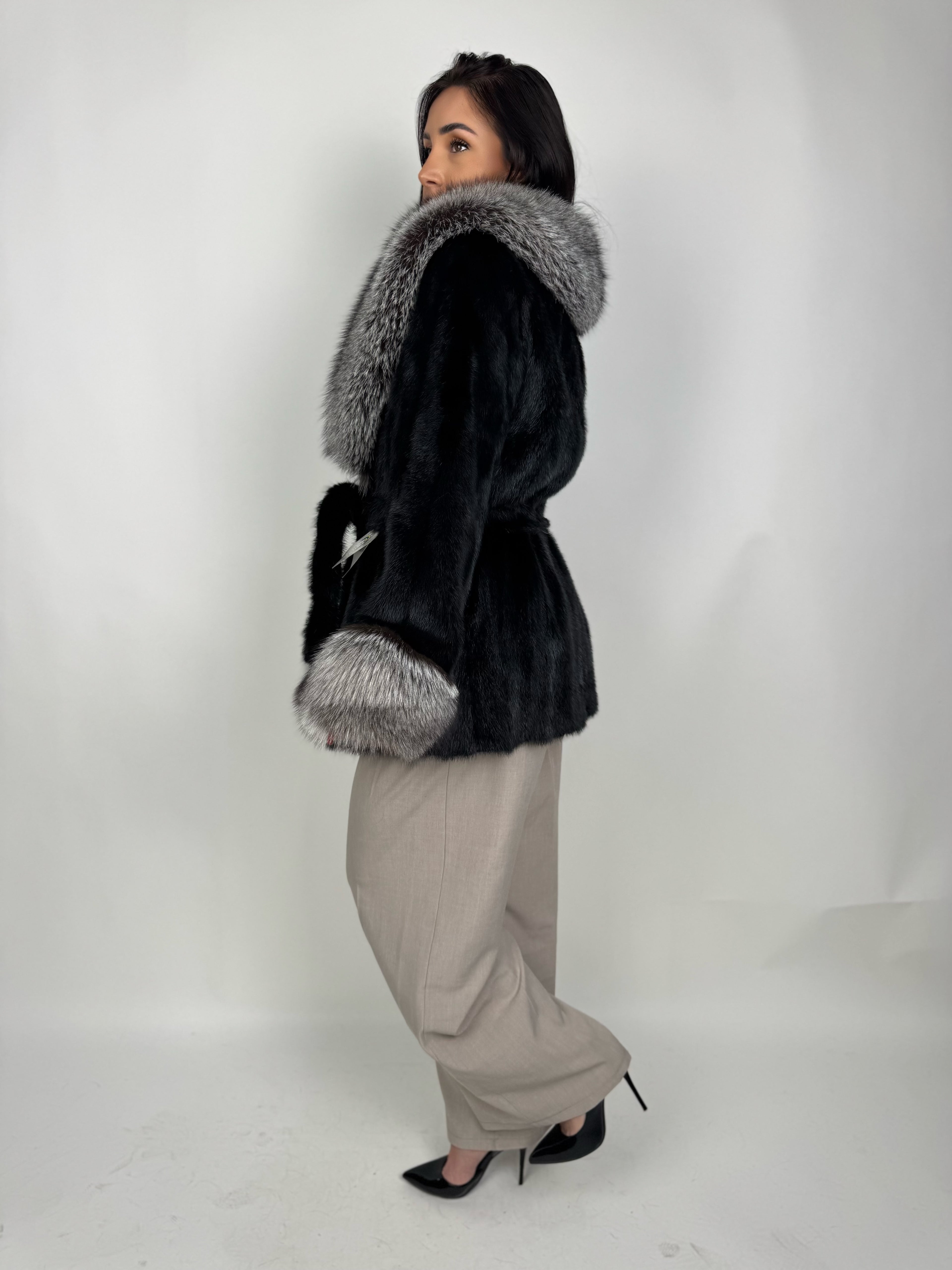 Mink jacket with belt and hood