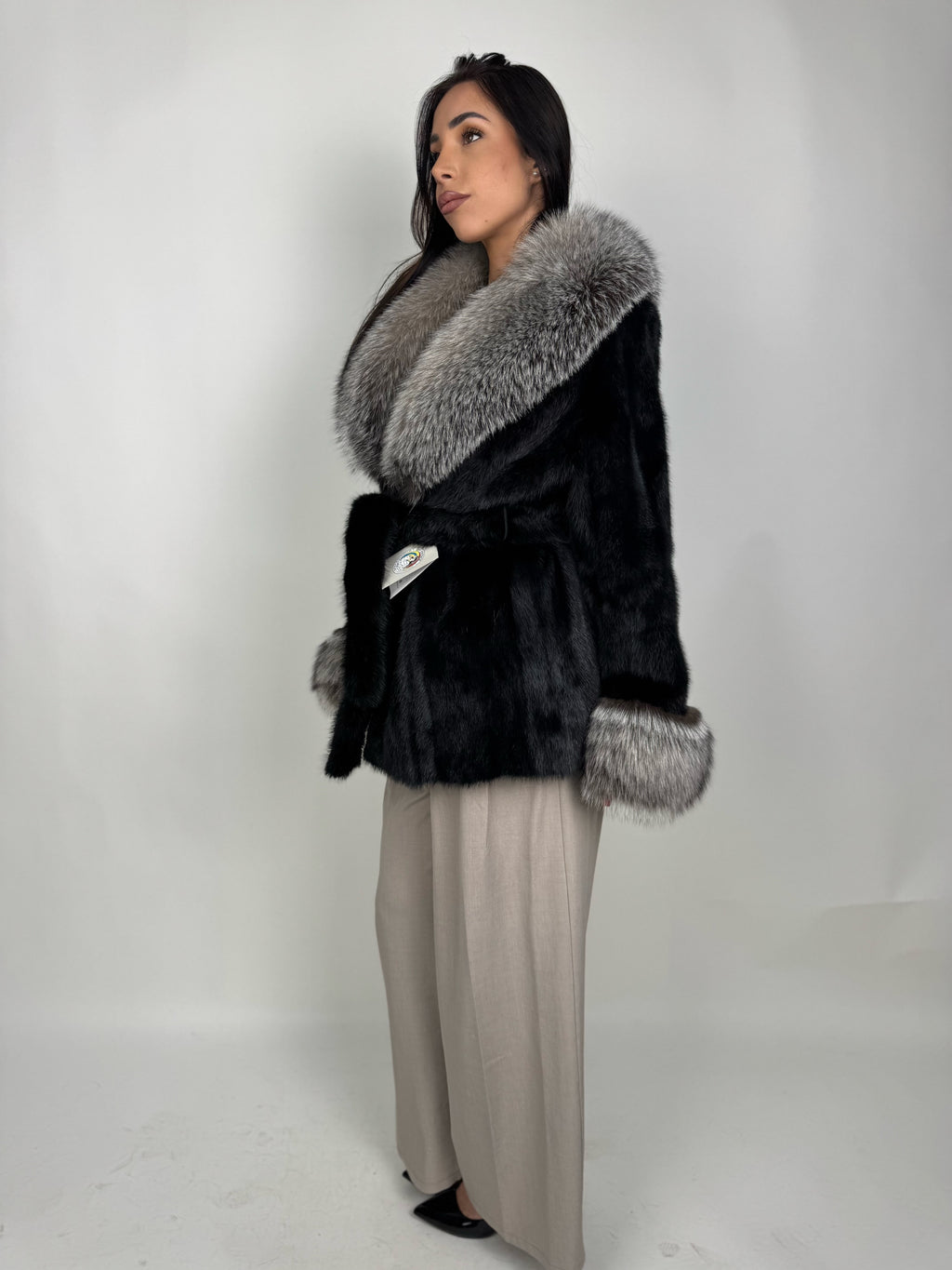 Mink jacket with belt and hood