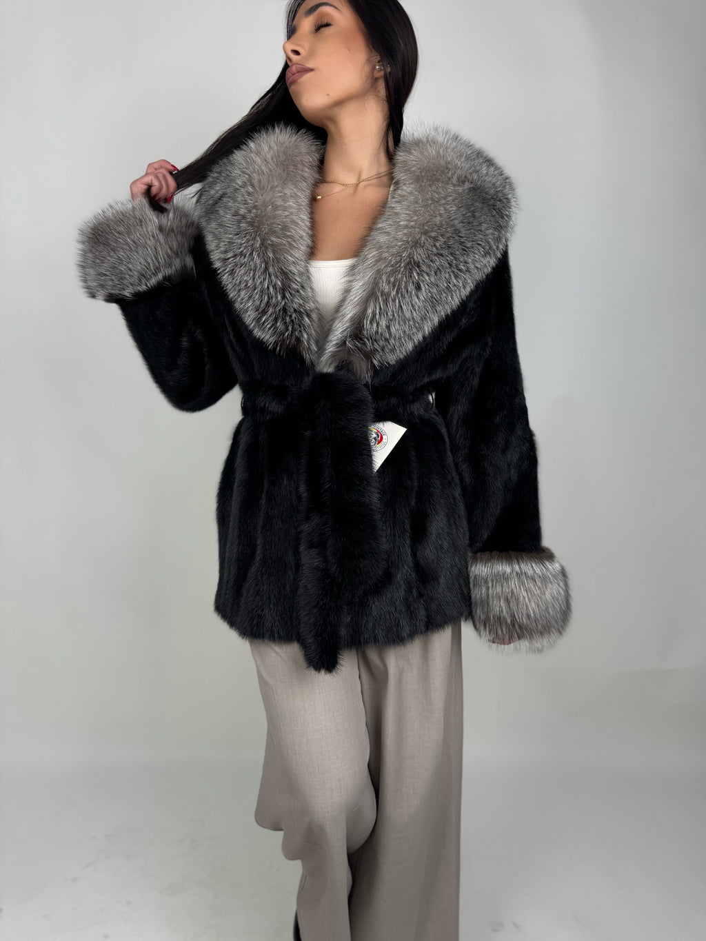 Mink jacket with belt and hood