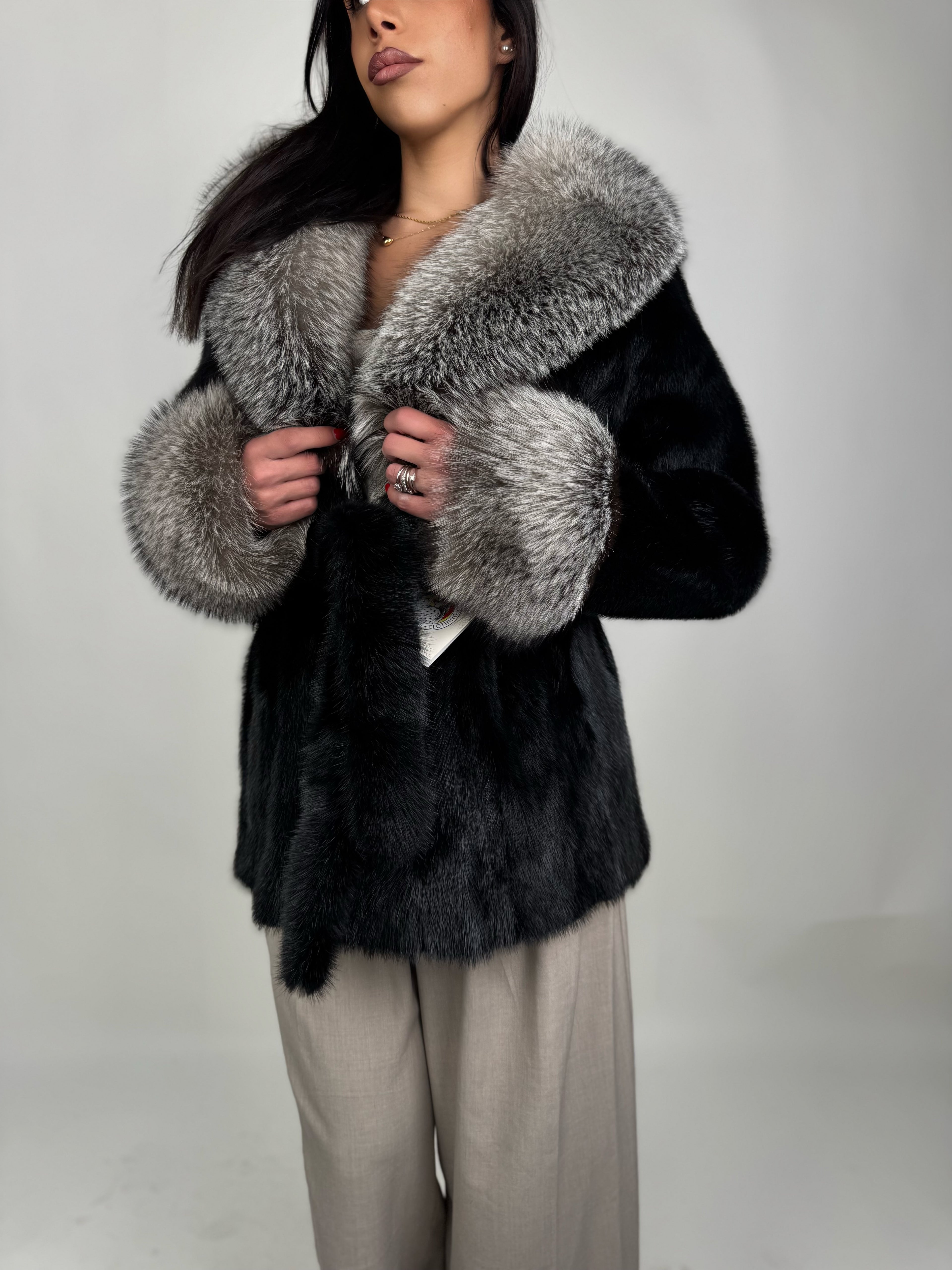 Mink jacket with belt and hood