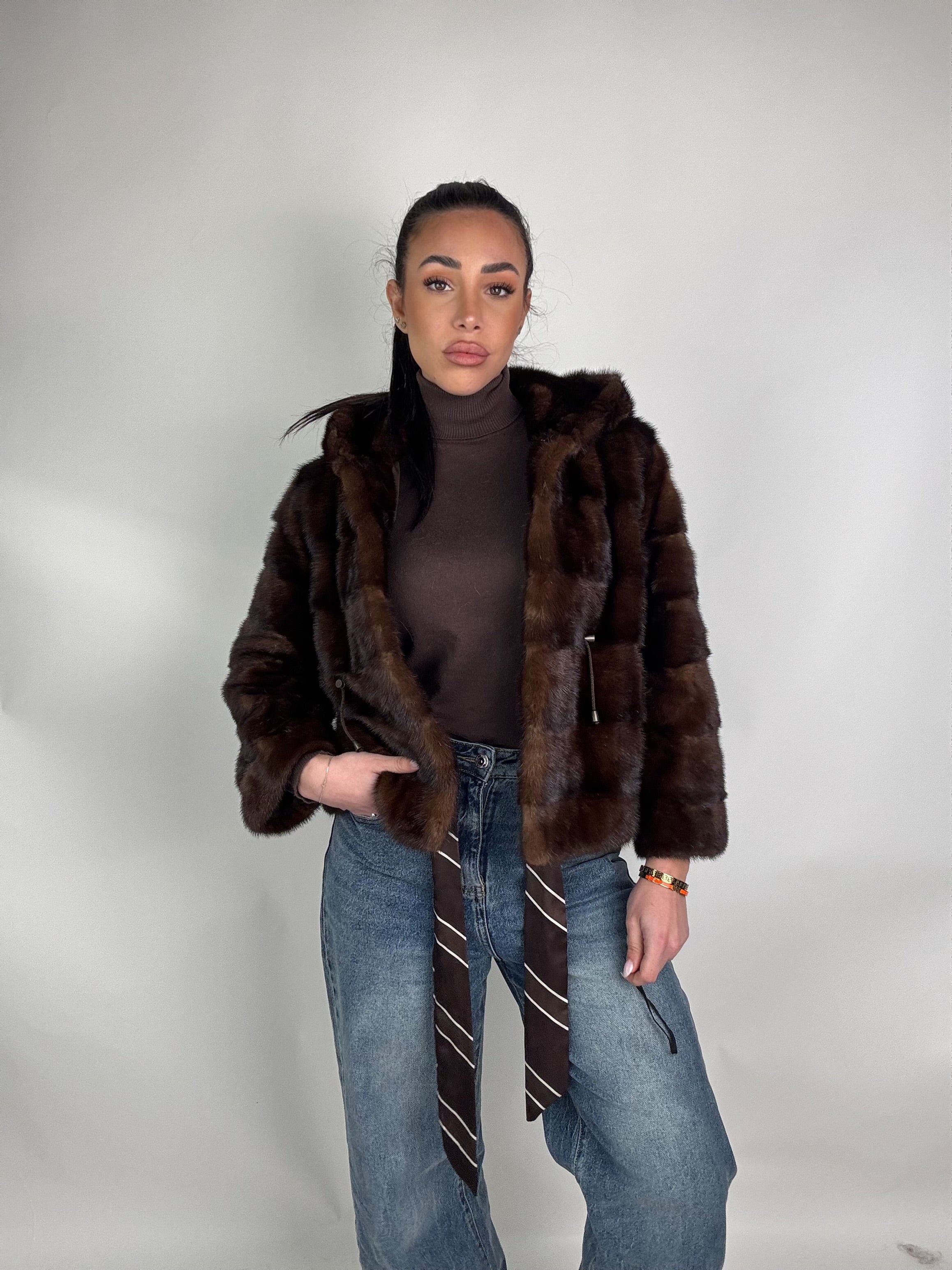 Mink jacket with belt and hood