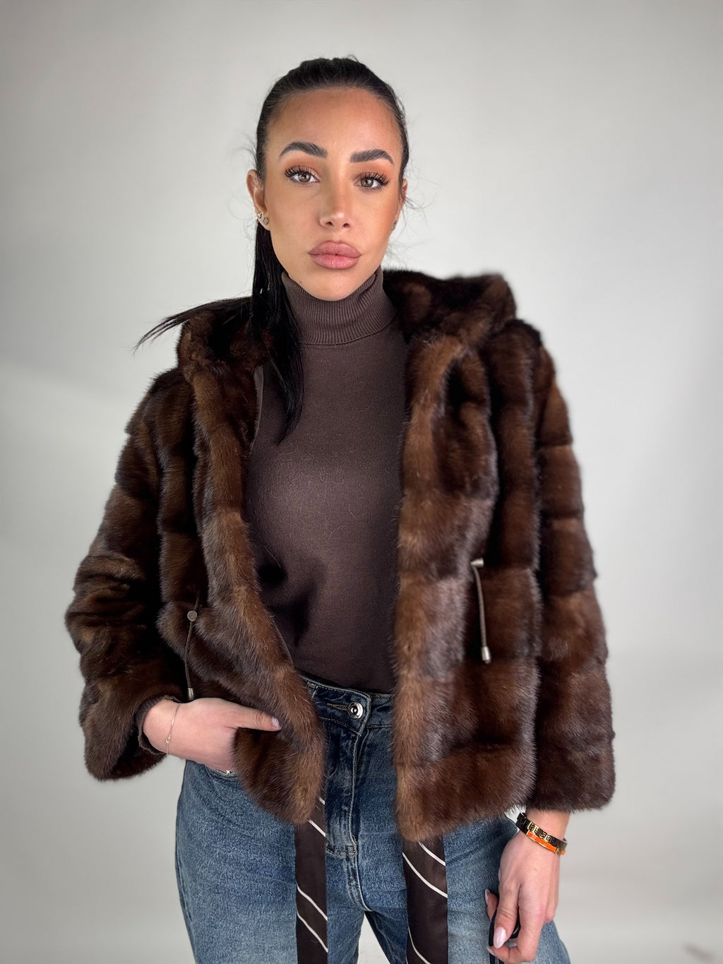 Mink jacket with belt and hood