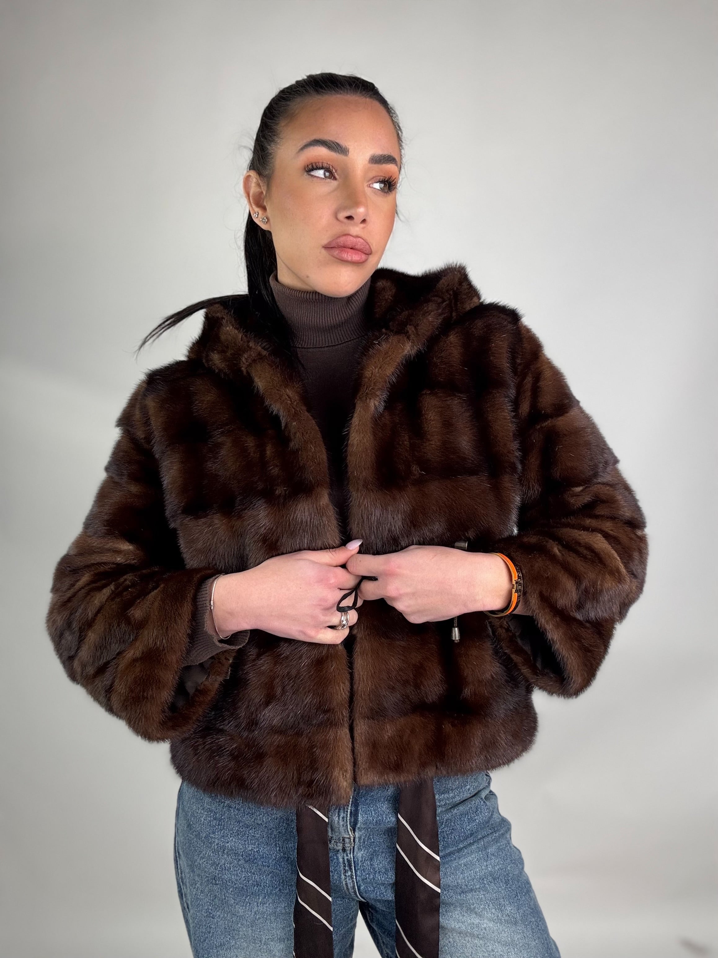 Mink jacket with belt and hood