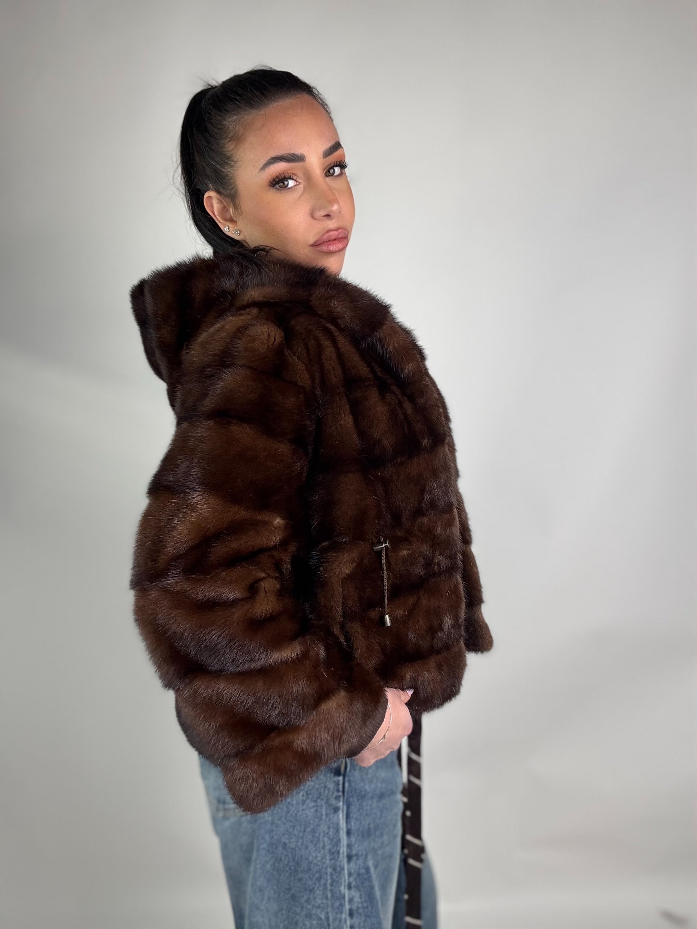 Mink jacket with belt and hood