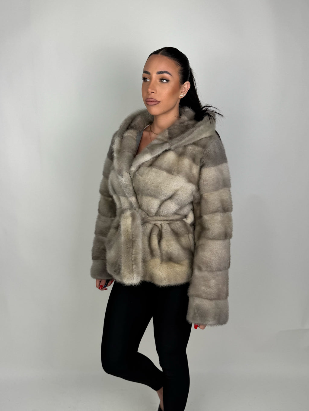 Mink jacket with belt and hood