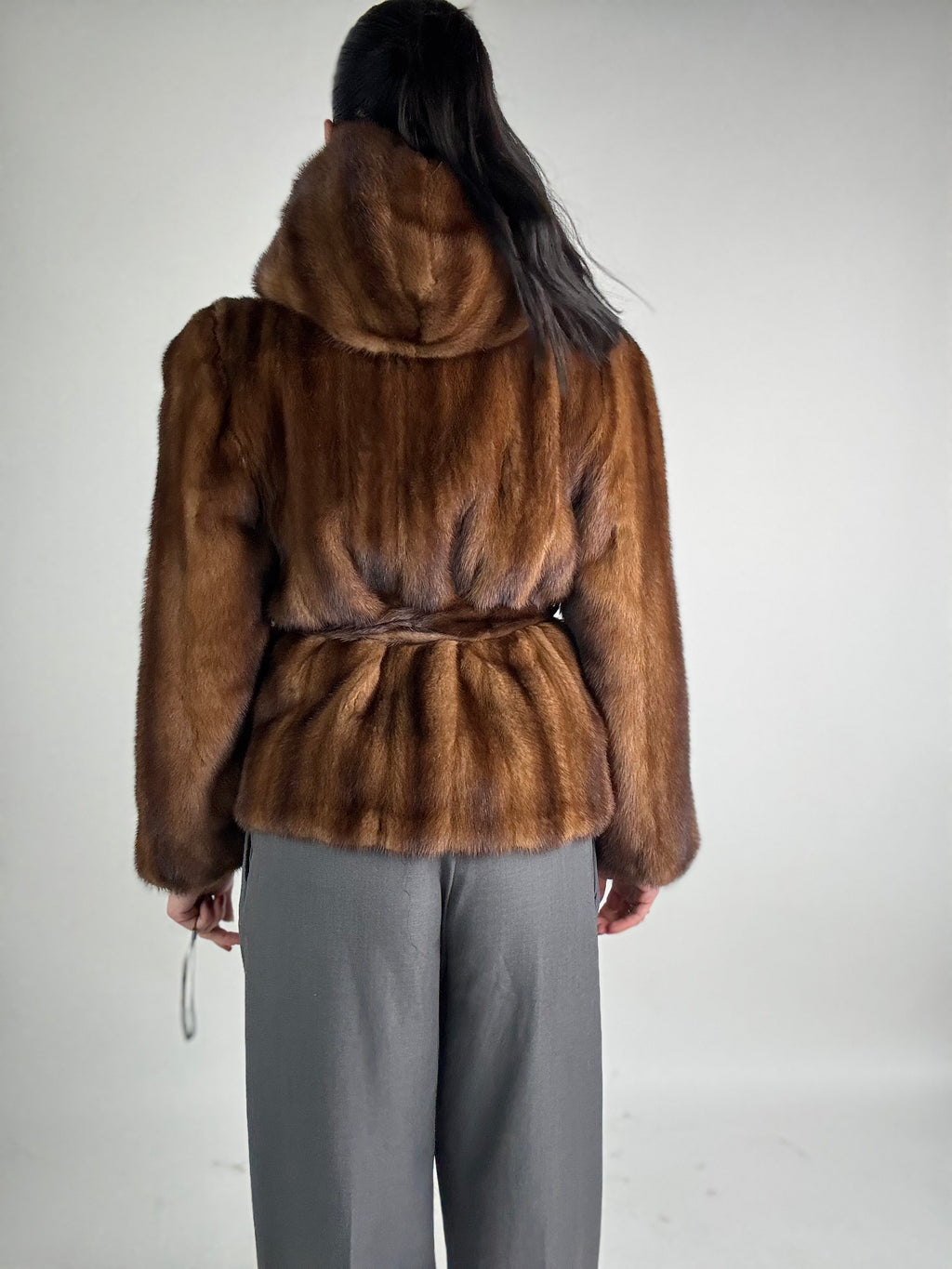 Mink jacket with belt and hood