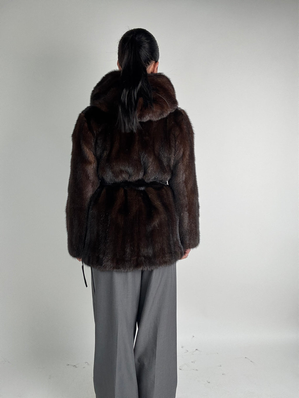 Mink jacket with belt and hood