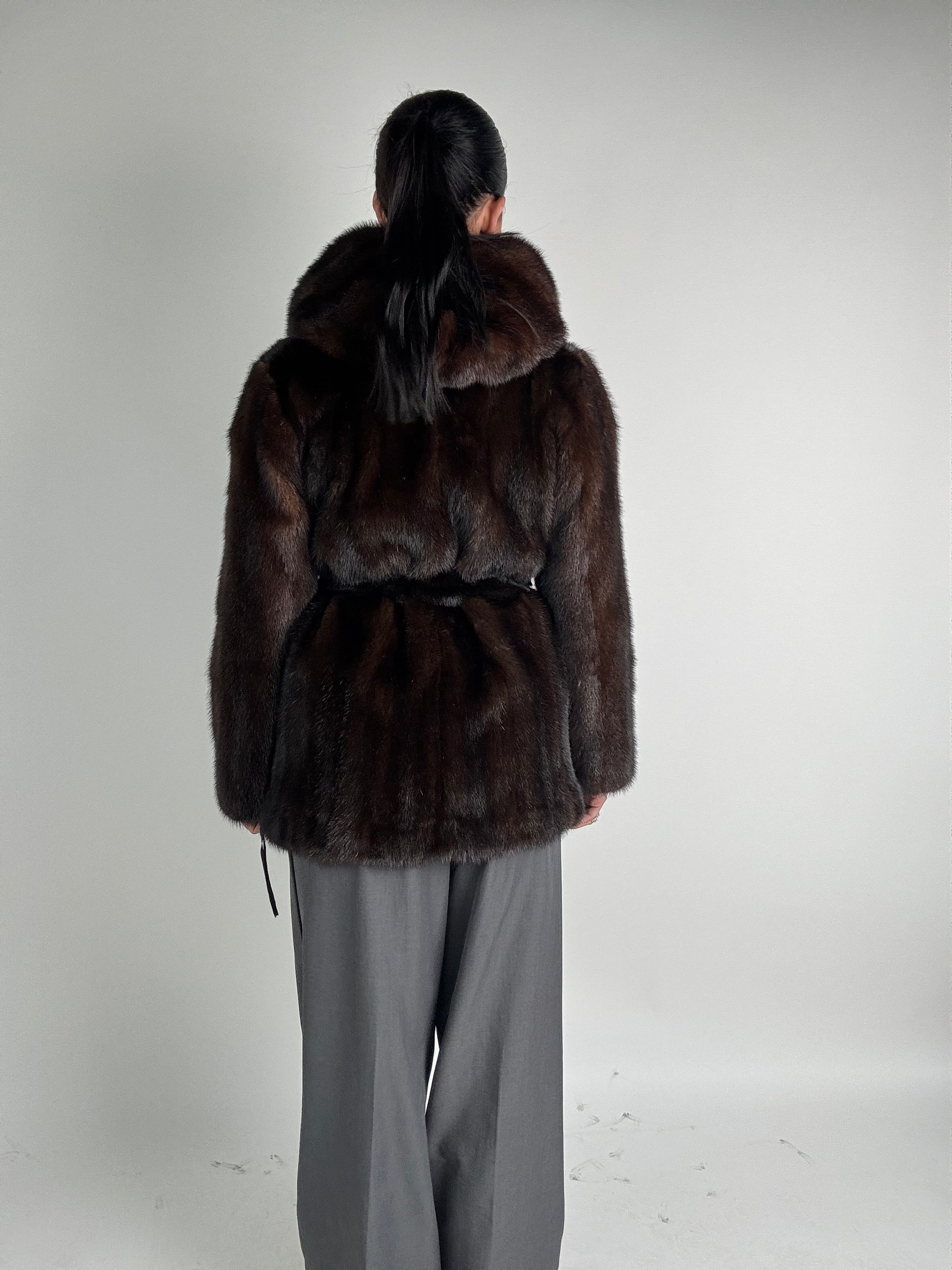 Mink jacket with belt and hood