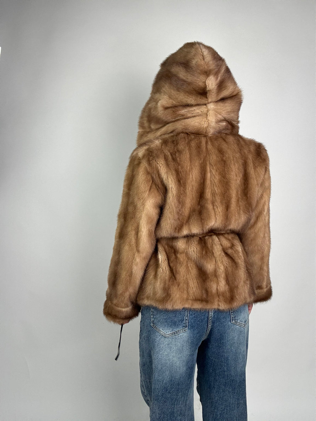 Mink jacket with belt and hood