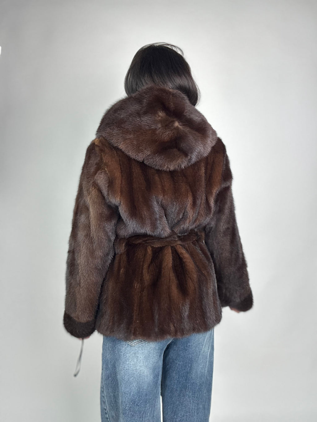 Mink jacket with belt and hood